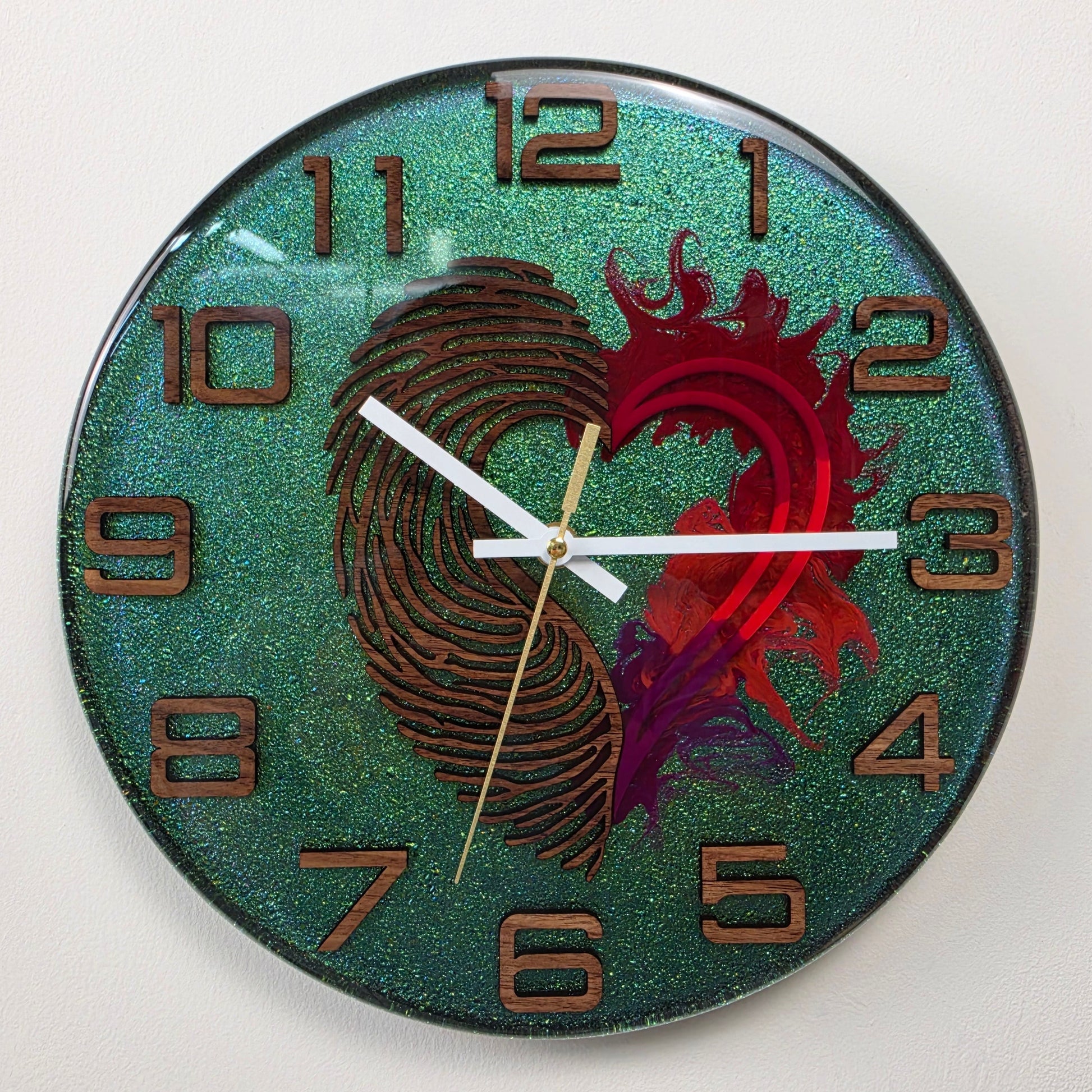 Luxury contemporary resin clock handcrafted in Italy with Black Walnut details and symbolic heart design V2