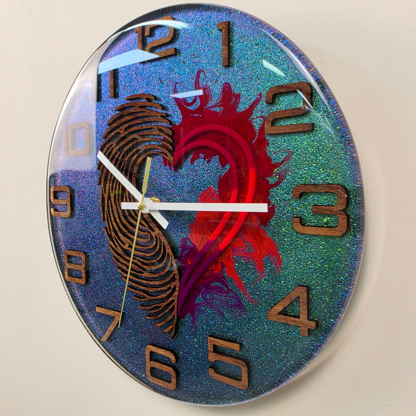 Modern resin wall clock with Black Walnut numerals, fingerprint design and vibrant chameleon pigment V2