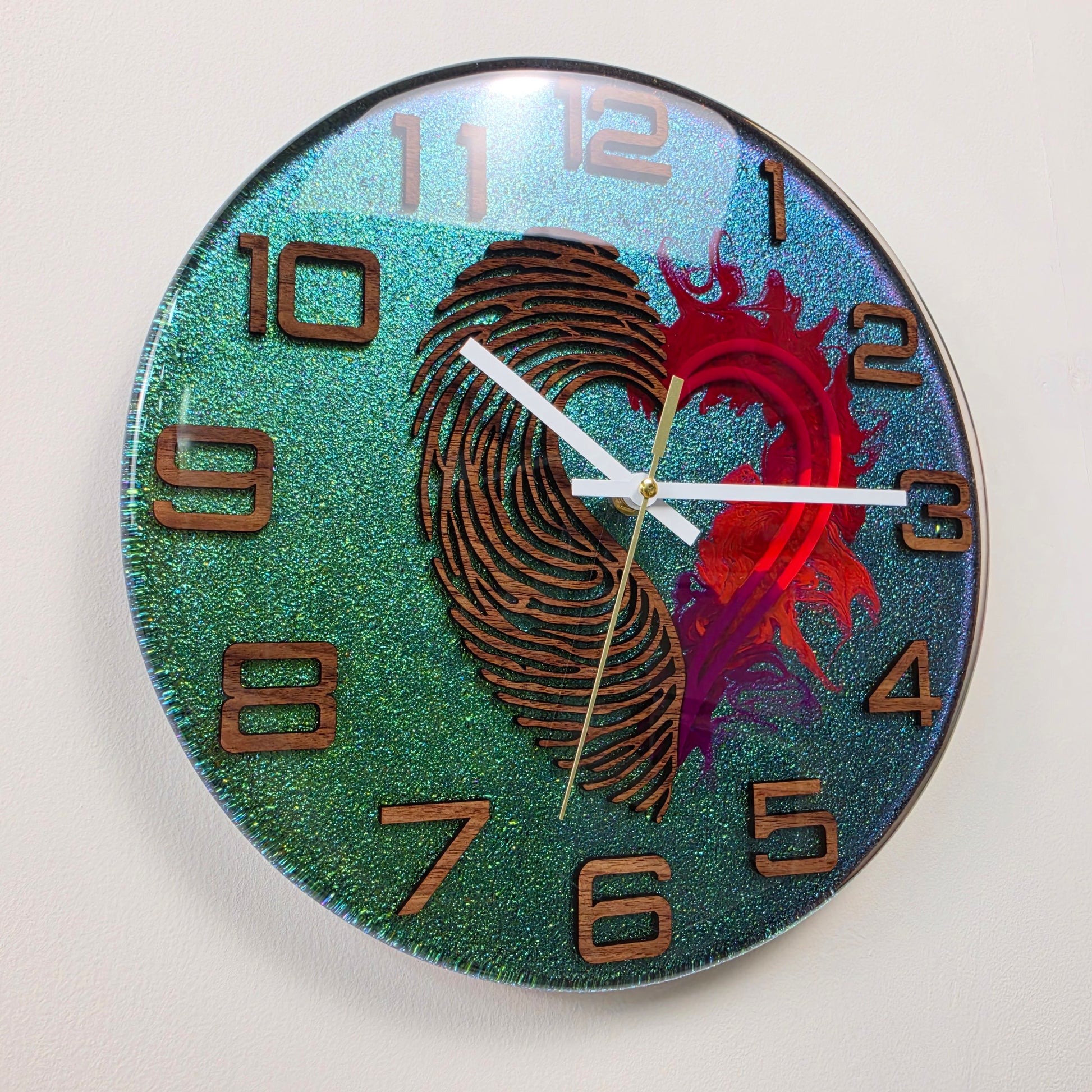 Heartprint handmade resin wall clock with Black Walnut fingerprint, red heart and color-shifting chameleon background V2