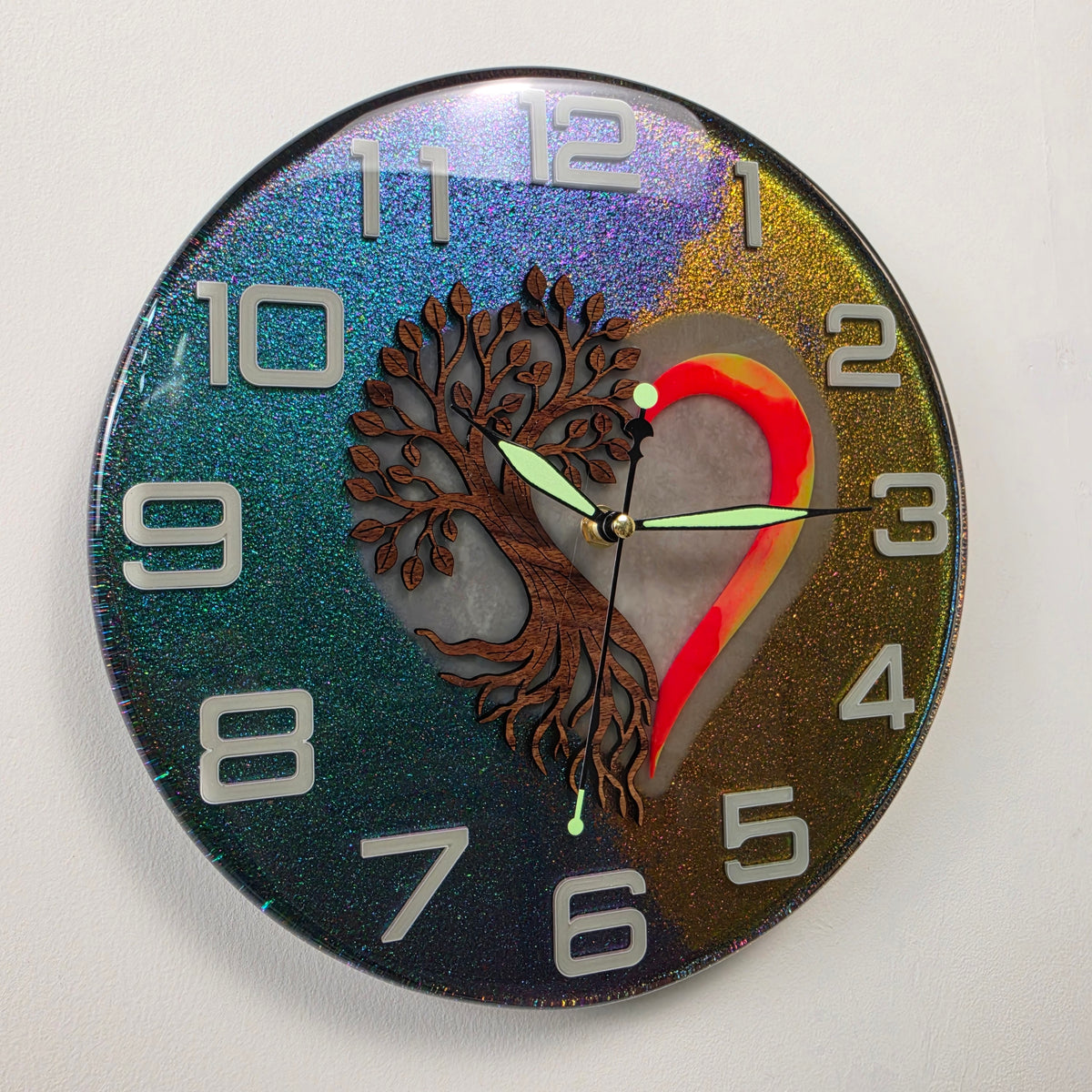Timeless Symbols Roots of Life wall clock with Black Walnut Tree of Life, heart design and chameleon resin background.
