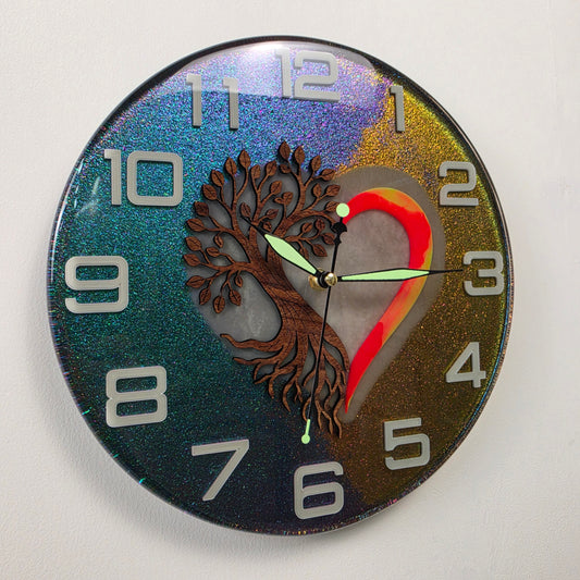 Timeless Symbols Roots of Life wall clock with Black Walnut Tree of Life, heart design and chameleon resin background.
