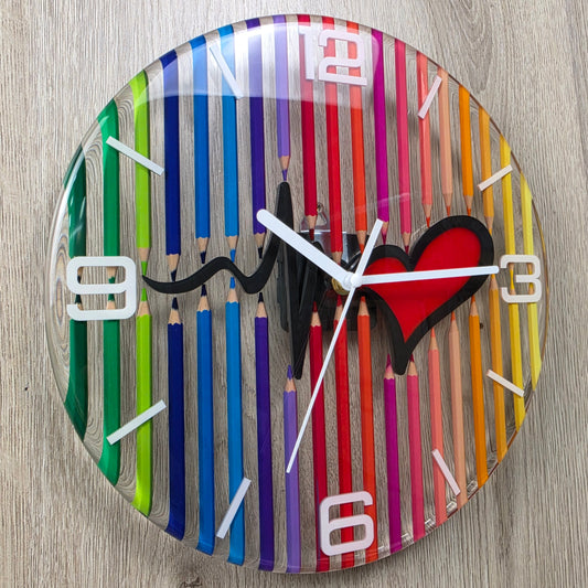 Studio Colors Heartbeat handmade wall clock with colored pencils and transparent epoxy resin