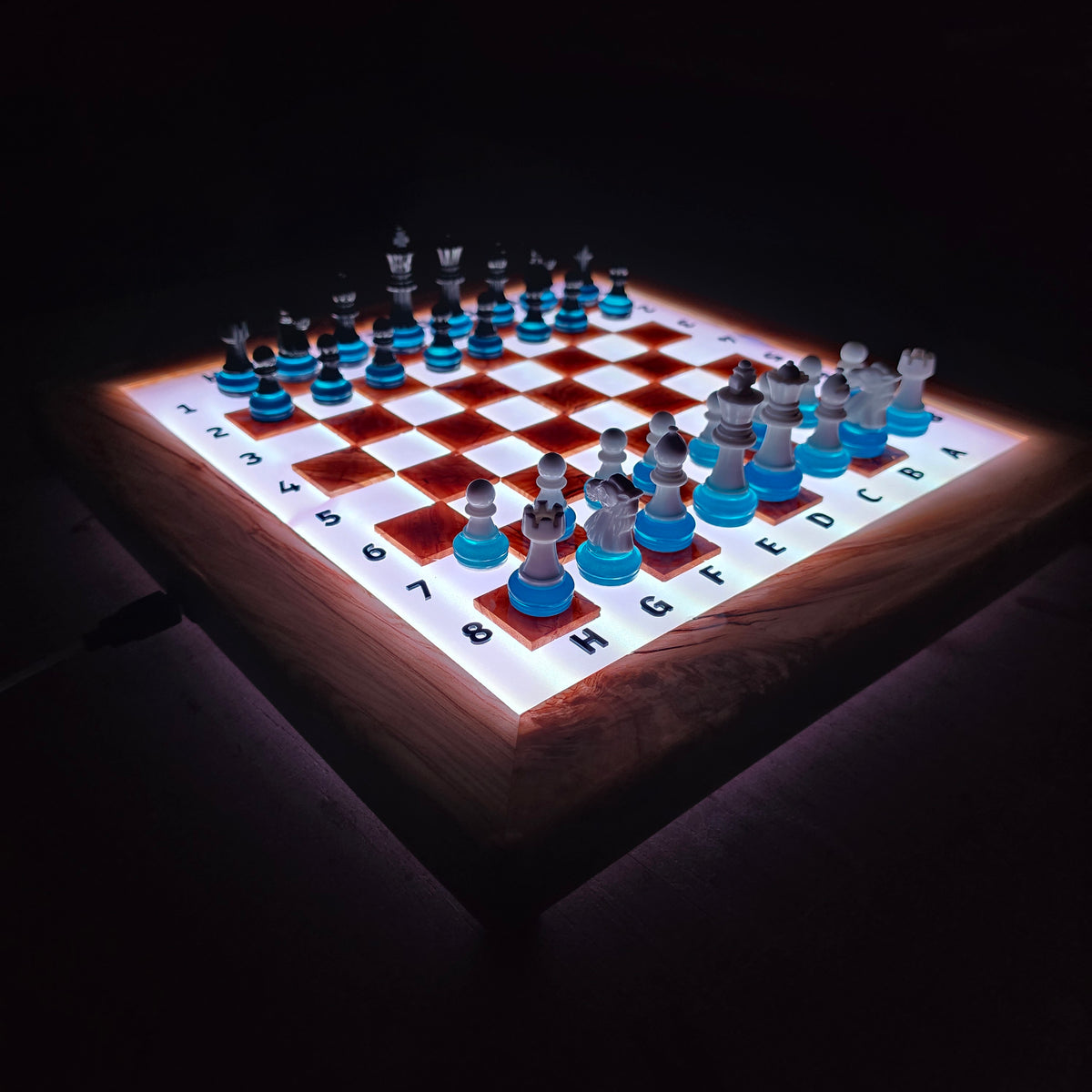 Artisan olive wood chess set with integrated USB powered LED lighting