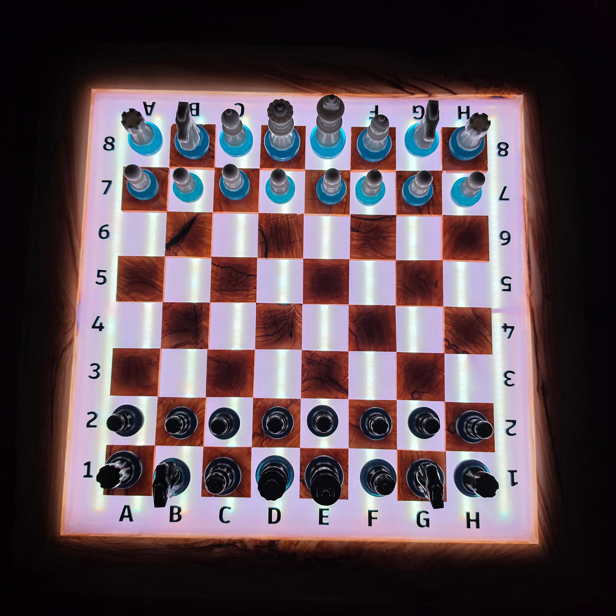 Unique handmade wooden chessboard with high gloss epoxy resin finish