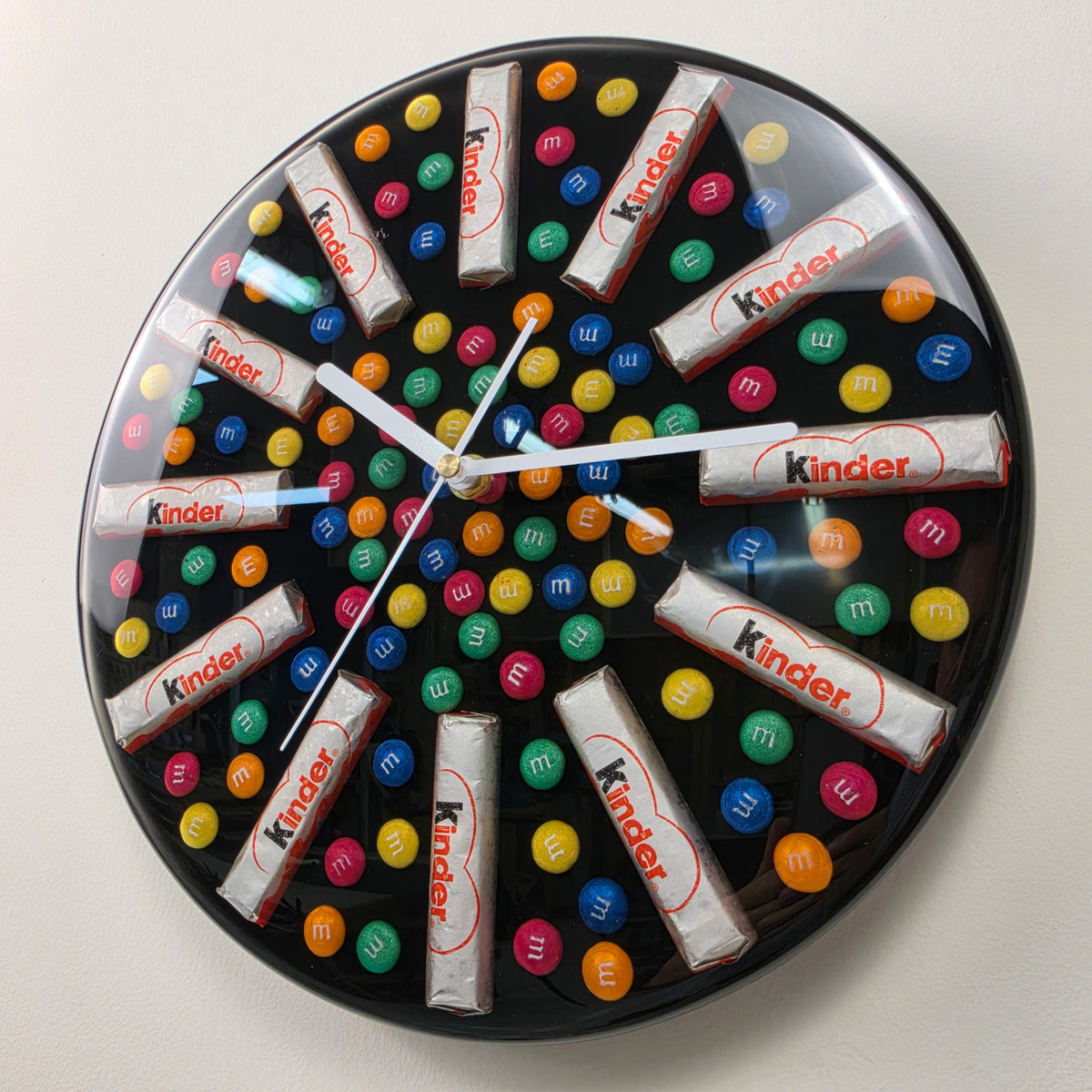 Unique handmade epoxy resin clock with colorful candy design and white clock hands
