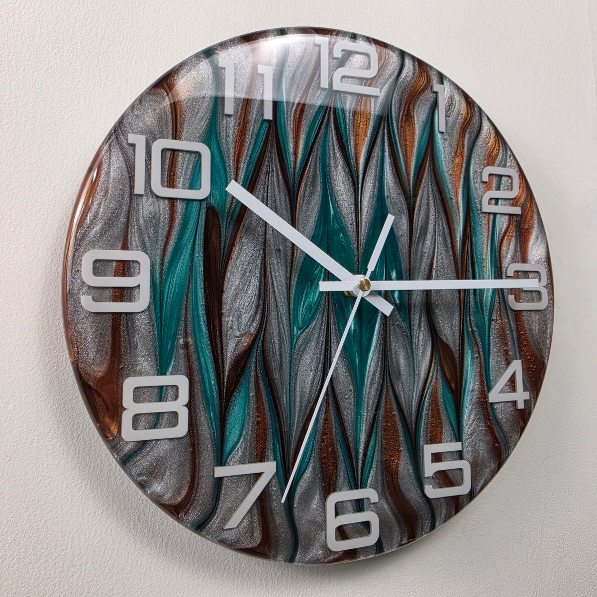 Abstract Time Metallic Tides handmade epoxy resin wall clock with turquoise, silver and copper metallic waves