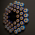 Blue contemporary wall relief with dimensional hexagon pattern and resin-filled geometric details