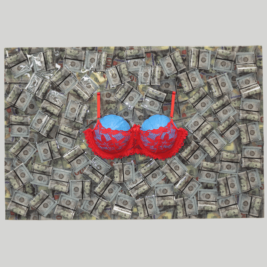 Mondo Blu conceptual artwork – contemporary installation with blue plaster busts, red bra and scattered dollar bills, front view