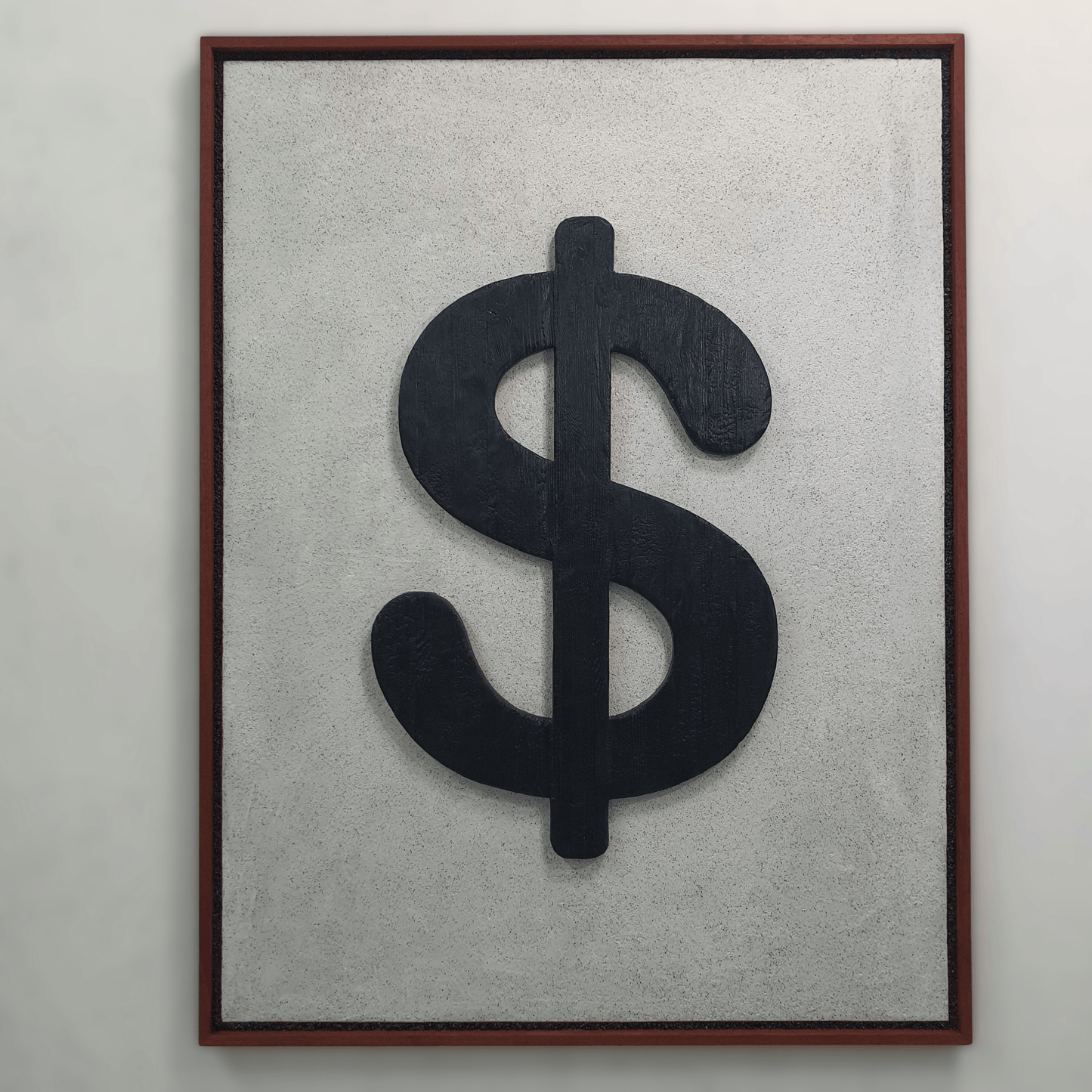Icona Bruciata conceptual artwork – black dollar symbol on burned wooden surface, front view