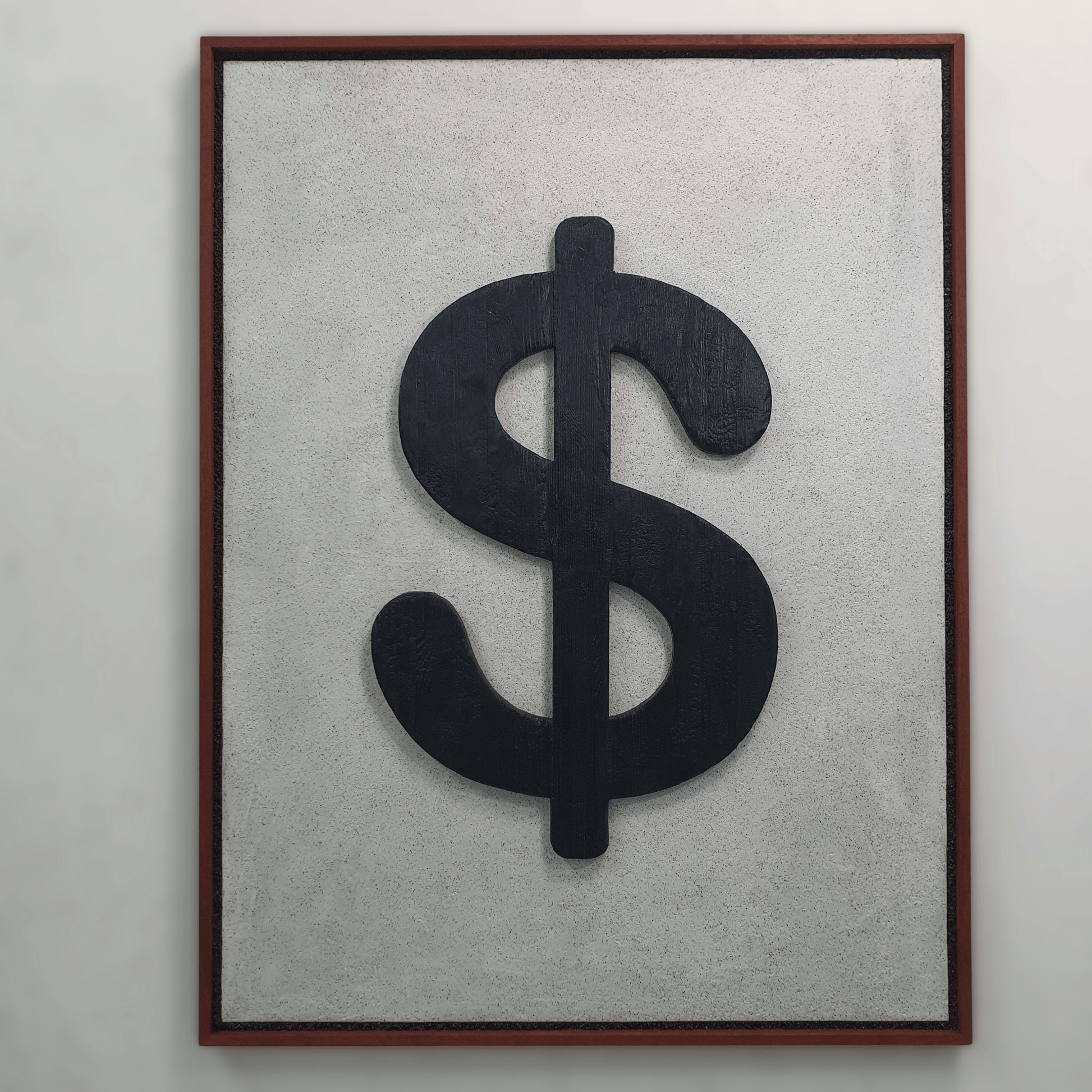 Icona Bruciata conceptual artwork – black dollar symbol on burned wooden surface, front view