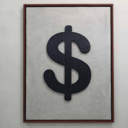 Icona Bruciata conceptual artwork – black dollar symbol on burned wooden surface, front view
