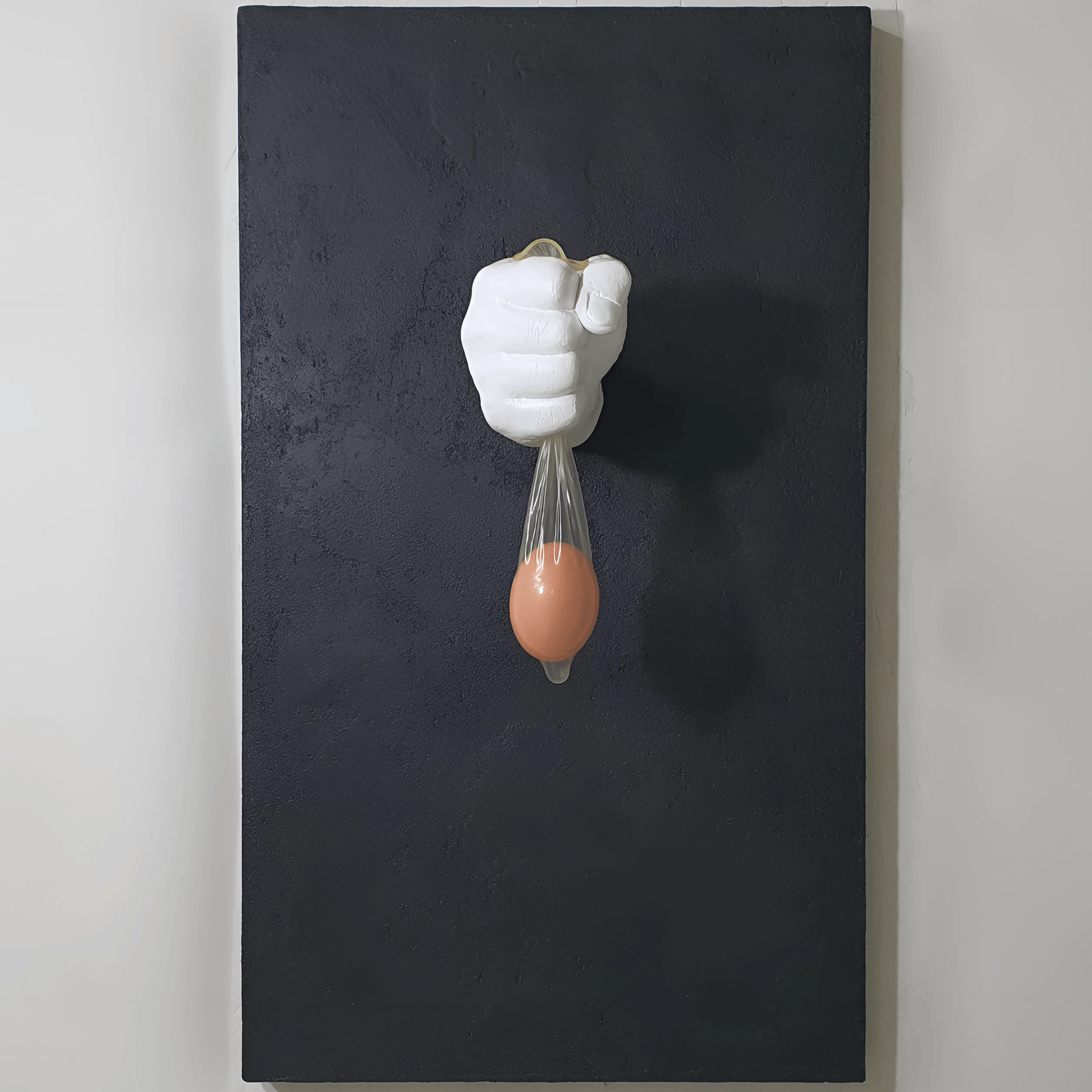 Vita Protetta conceptual artwork – plaster hand holding condom with wooden egg, symbolic installation, front view
