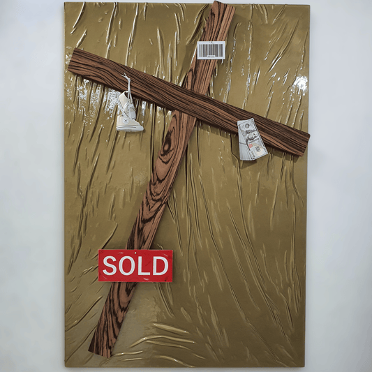 Il Settimo Comandamento conceptual artwork – wooden cross with baby shoes, money, barcode and red SOLD sign, front view