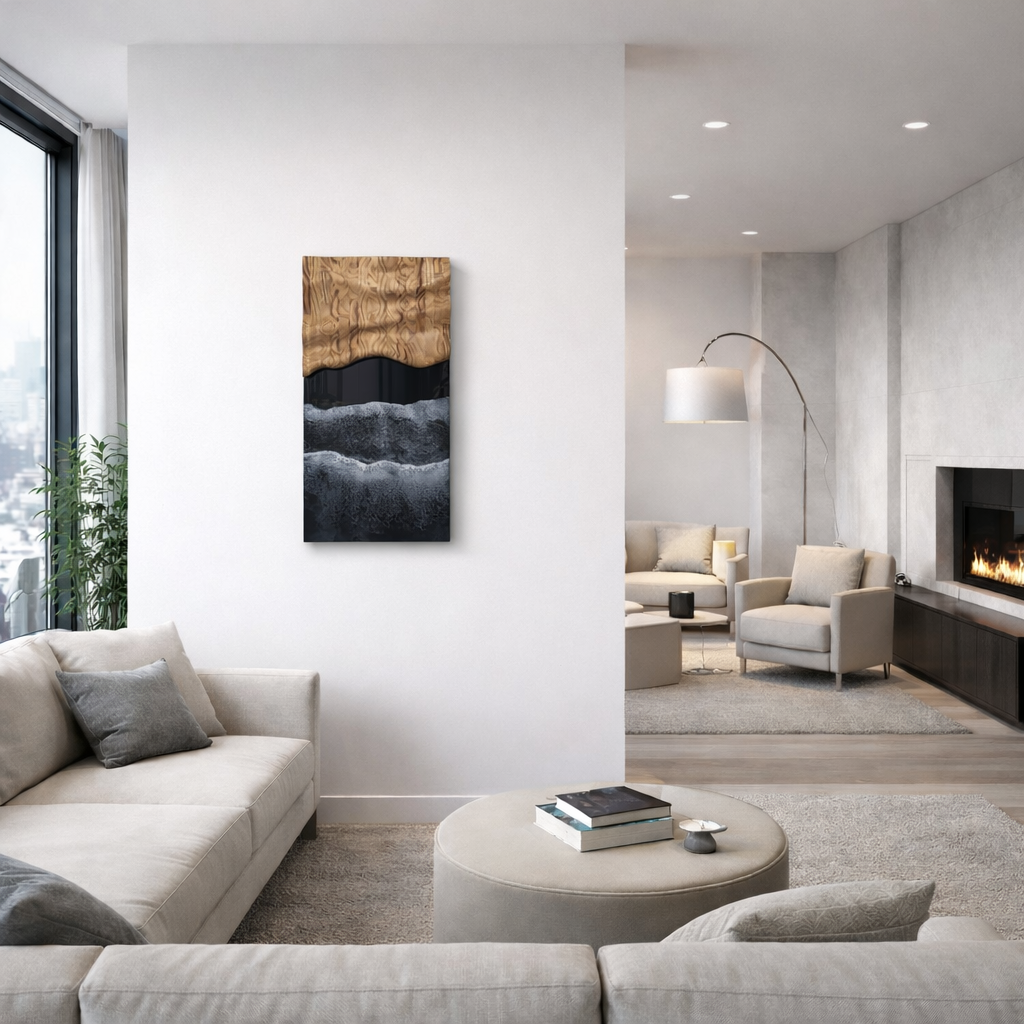 Between the Waves oak and resin wall sculpture displayed on living room wall, modern interior setting