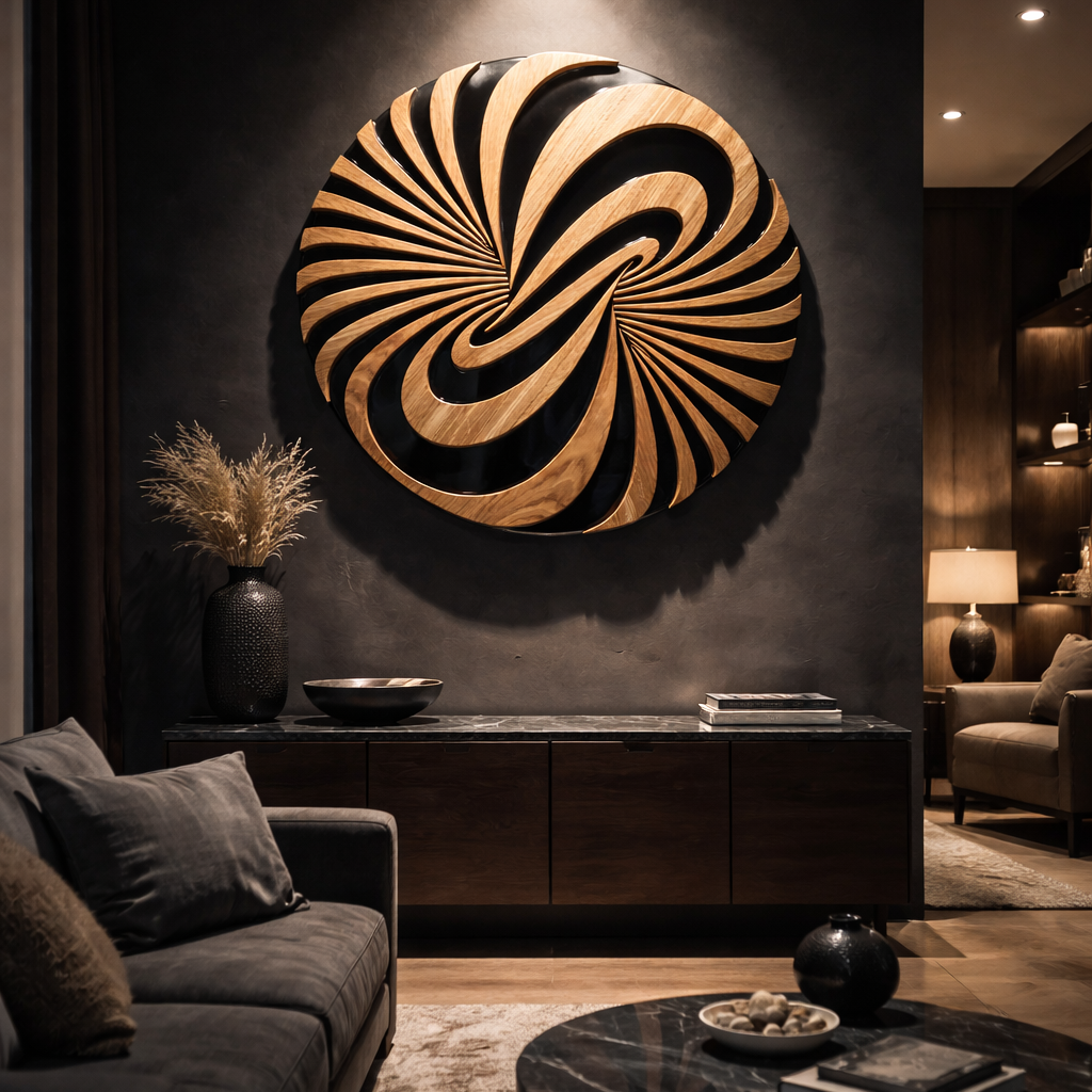 Modern wood wall sculpture Vortice hanging on wall, oak and black resin swirl design