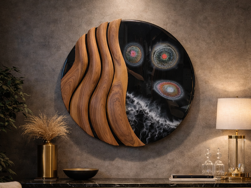 Contemporary round wall sculpture made of black walnut and epoxy resin