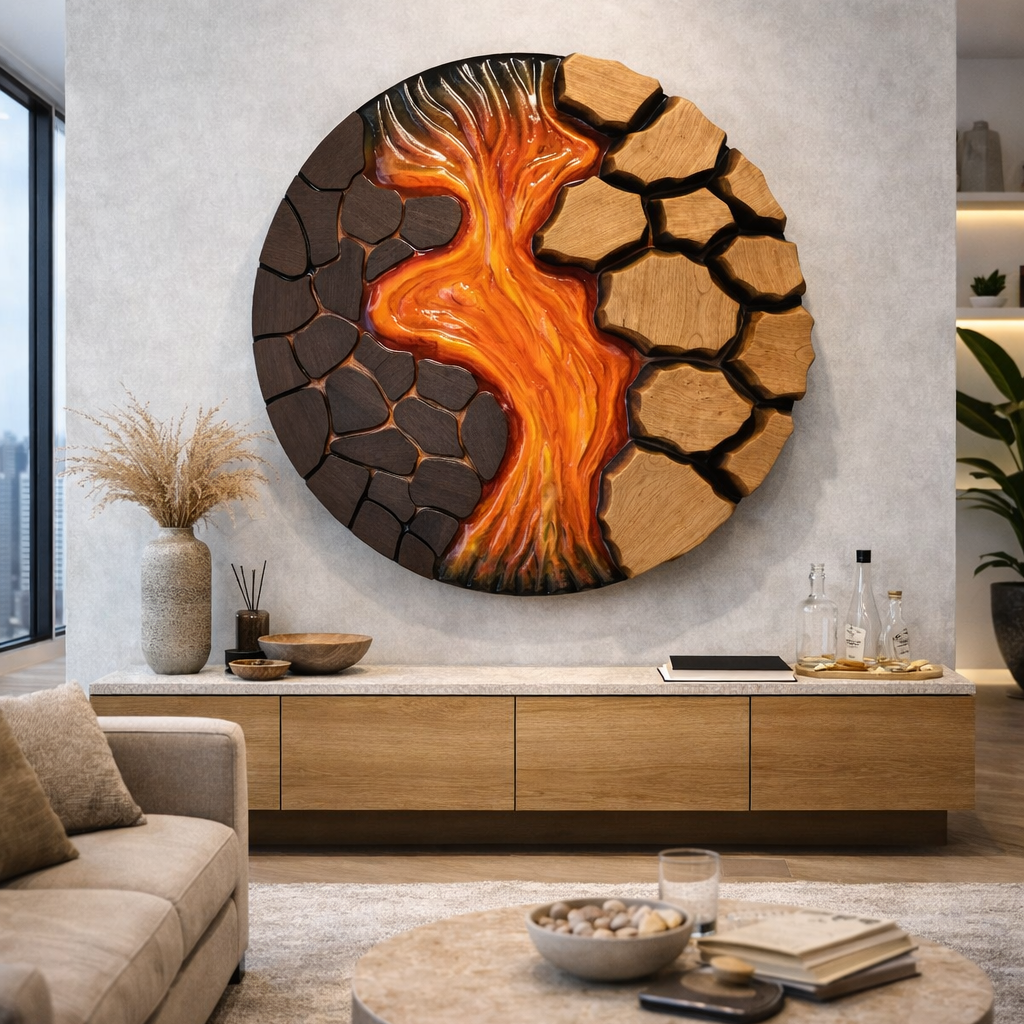 Contemporary round wall sculpture inspired by earth and natural energy
