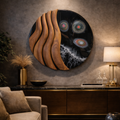Contemporary round wall sculpture made of black walnut and epoxy resin