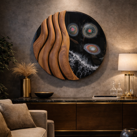 Contemporary round wall sculpture made of black walnut and epoxy resin
