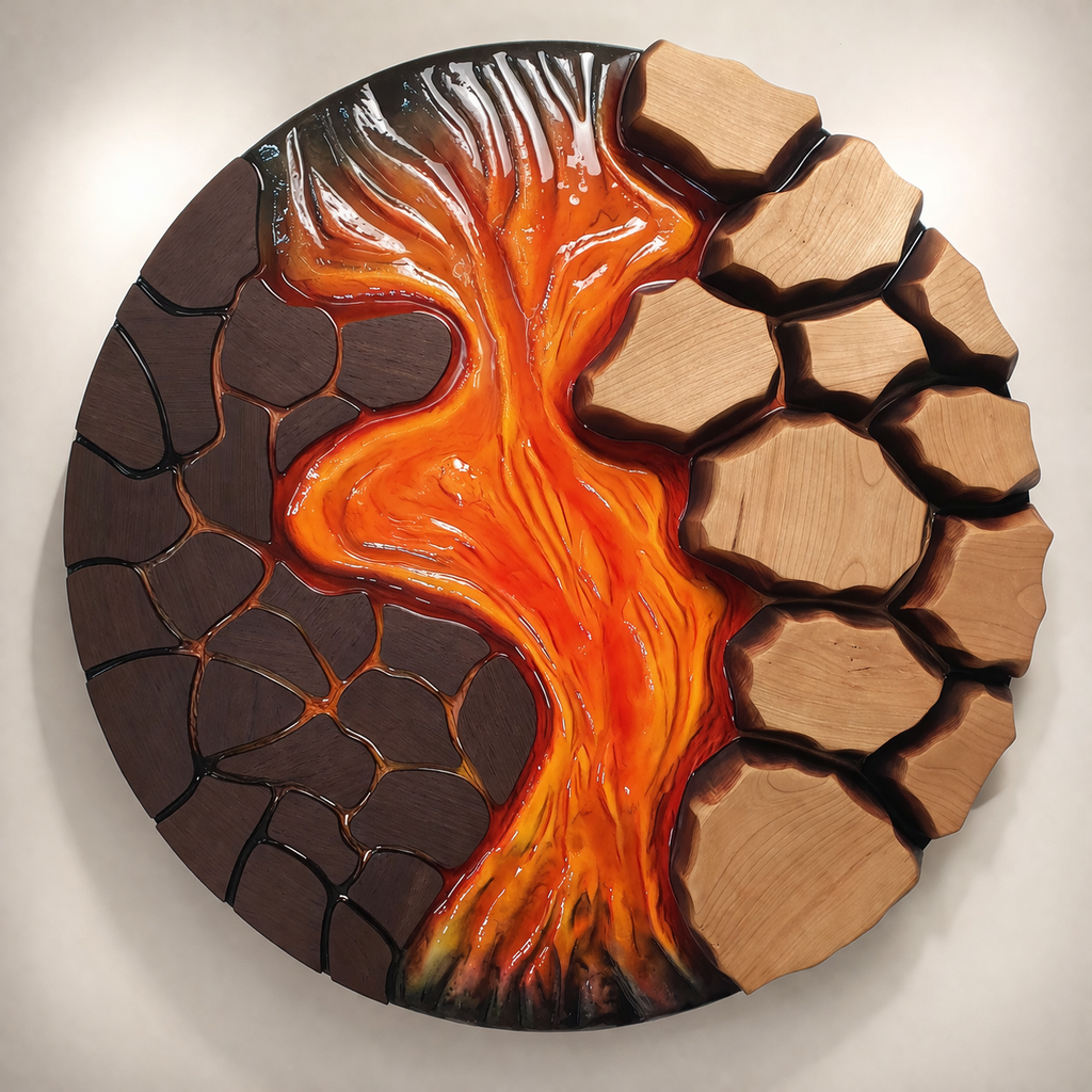 Wood and epoxy resin wall sculpture with lava-like center displayed on wall
