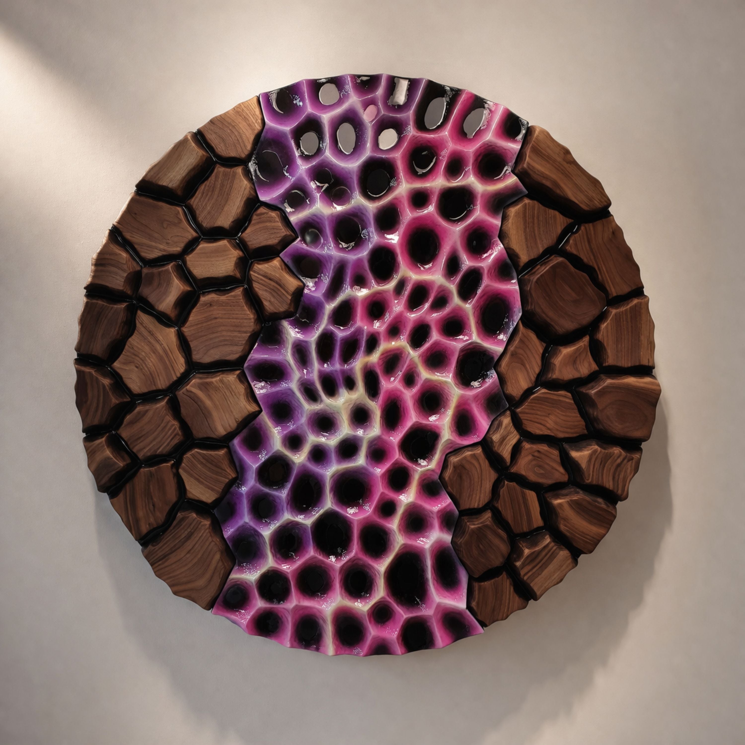 Frattura Cosmica black walnut and resin wall sculpture front view