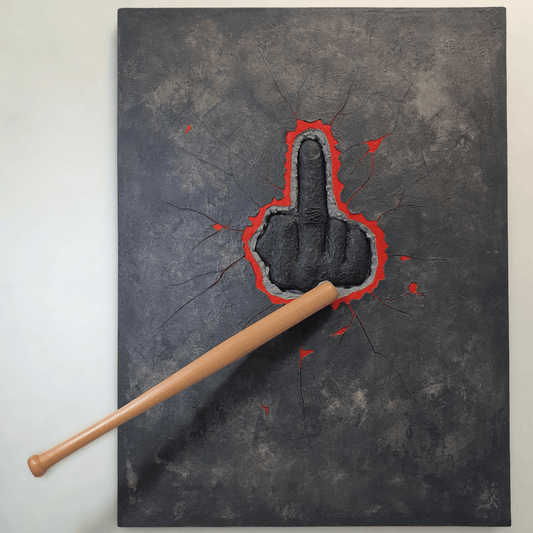 HATER conceptual artwork – middle finger gesture violently pierced by baseball bat, front view