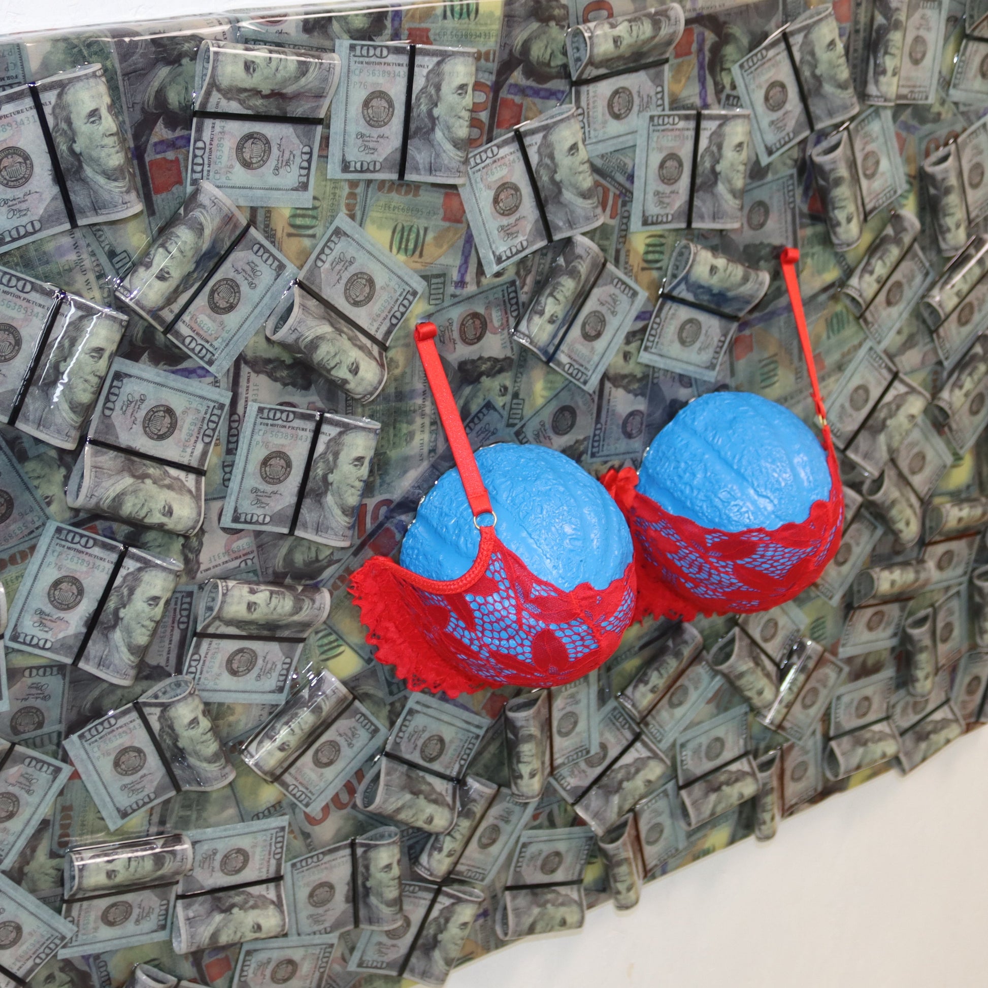 Unique contemporary art piece Mondo Blu – handmade conceptual installation with commentary on intimacy and consumerism, angled photo