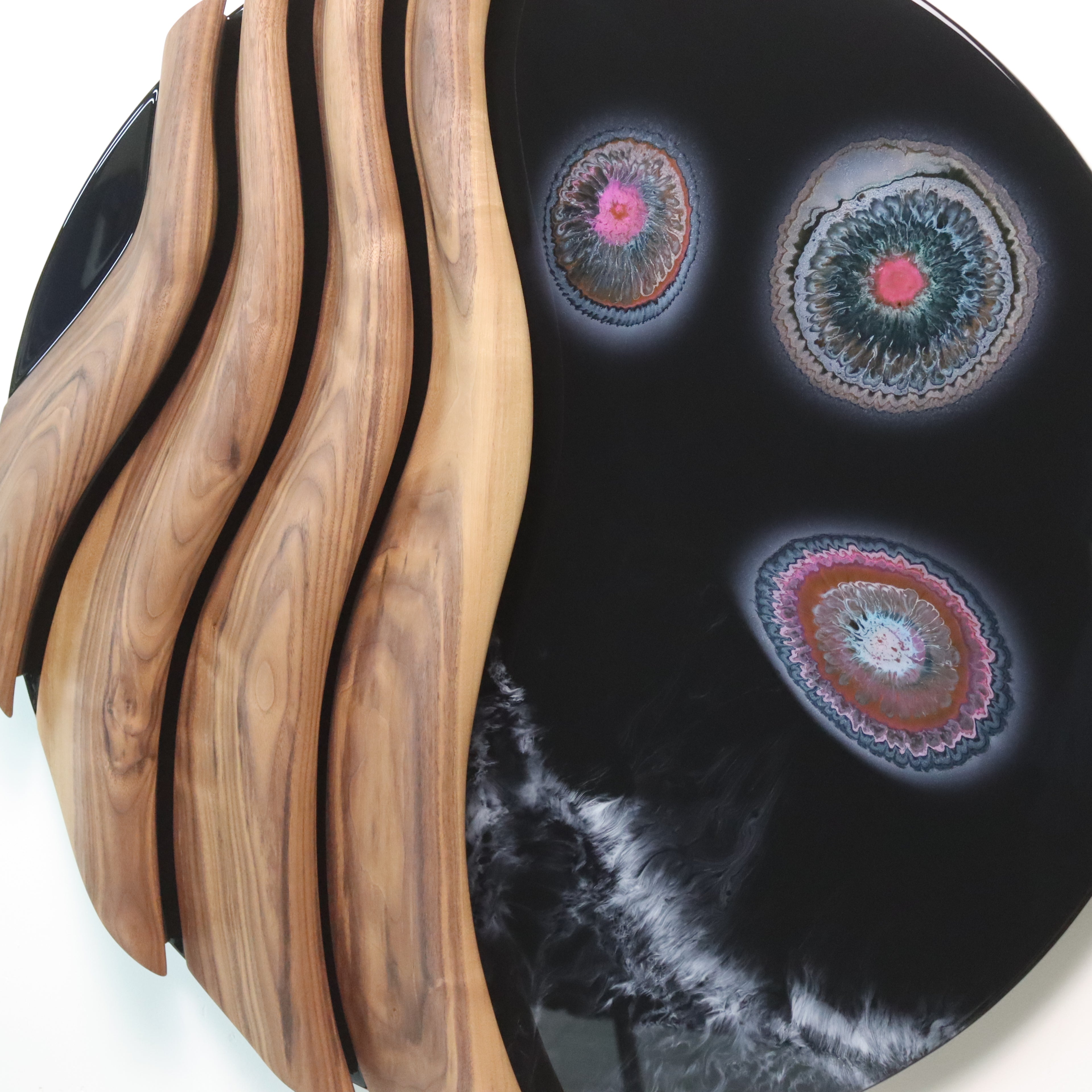 Detail of organic circular patterns embedded in black resin