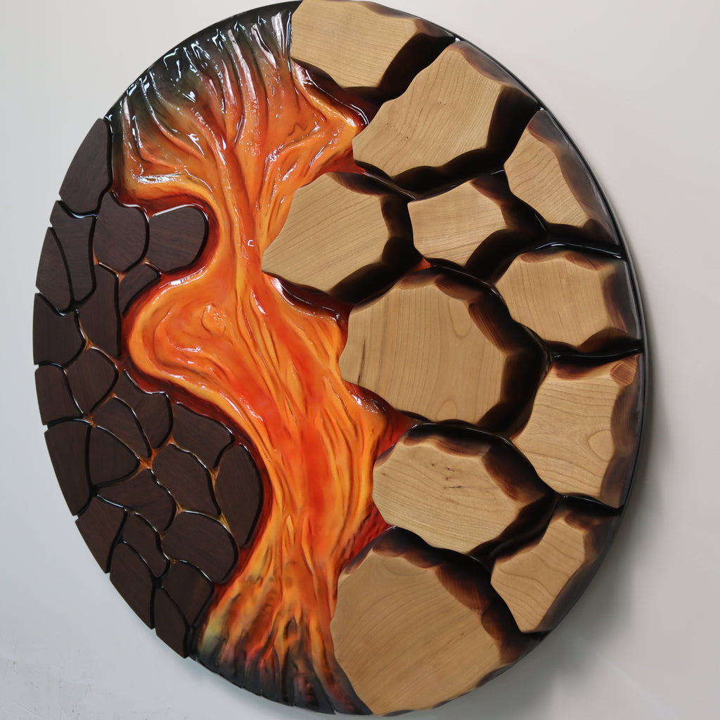 Detail of carved American cherry wood with elevated organic shapes