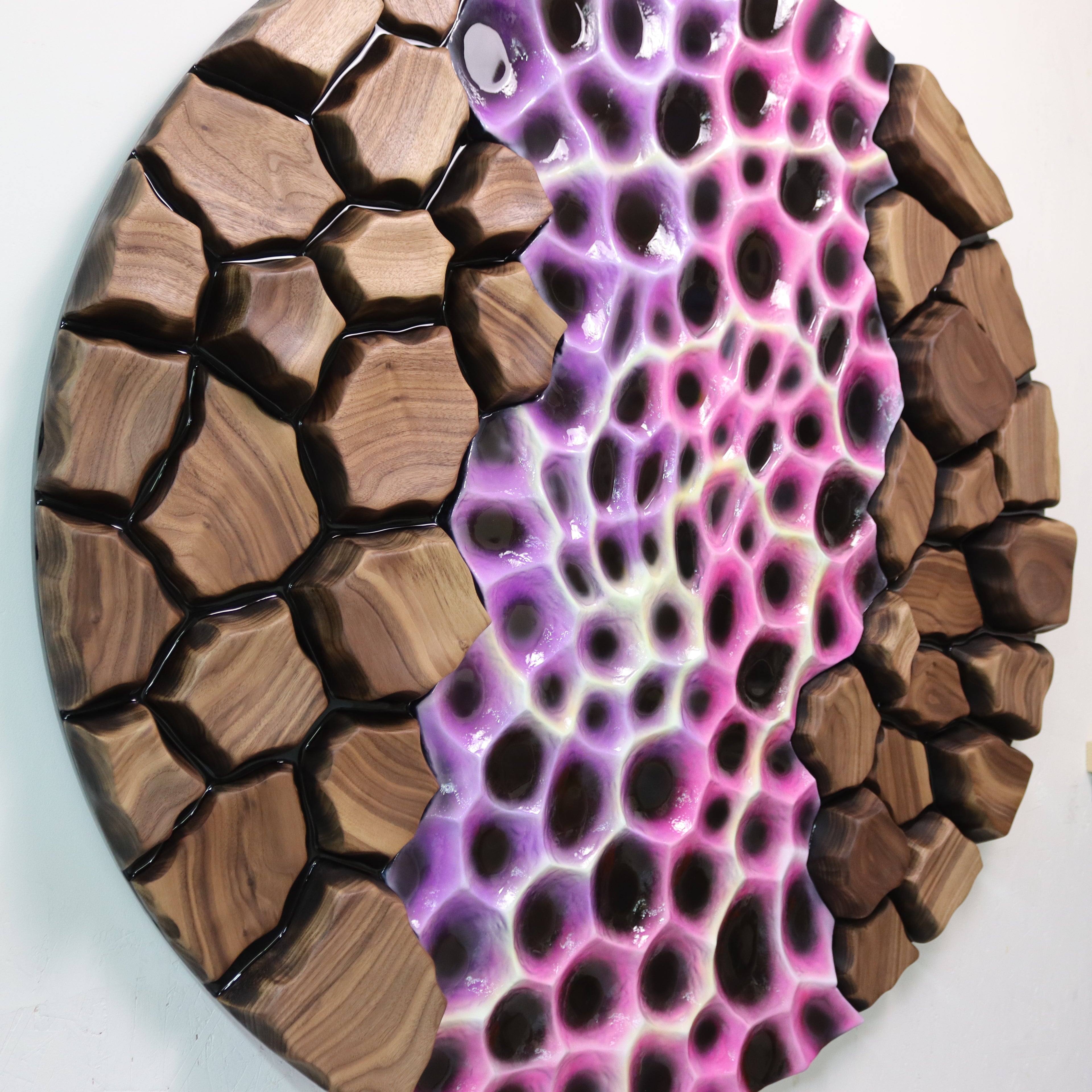 Left side detail of hand-carved black walnut structure