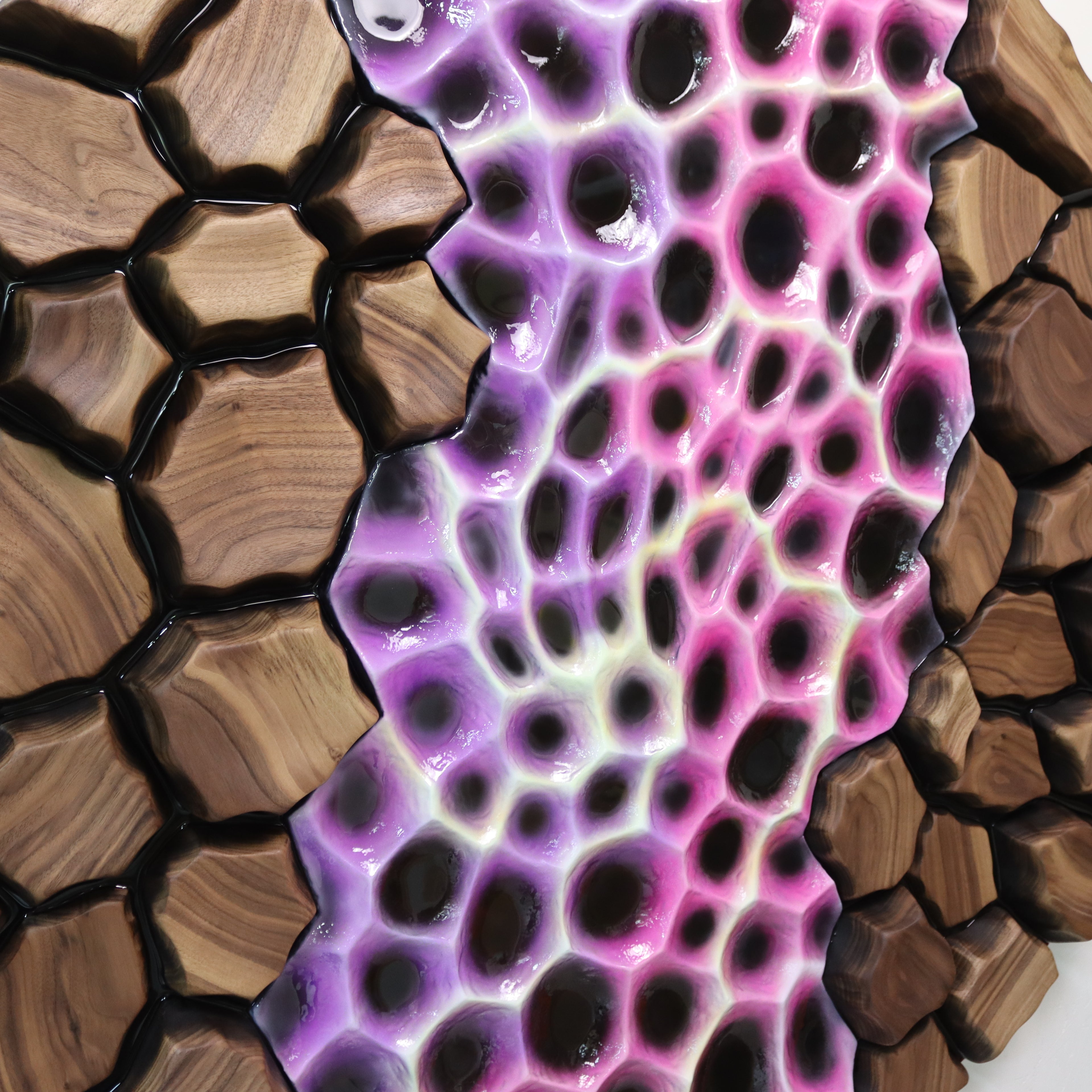 Close up of glossy epoxy resin cells with organic structure