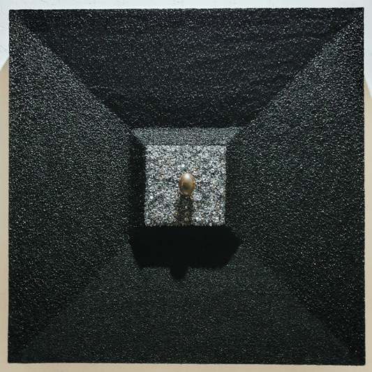 La Verità Nascosta conceptual artwork – golden egg emerging from block of crystals framed in dark structure, front view
