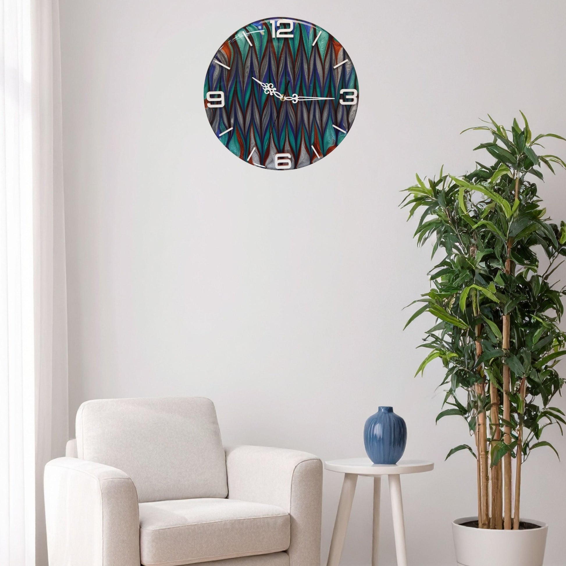 The “Aurora Stream” epoxy resin wall clock displayed on a wall – modern and colorful statement piece with luminous flowing design.