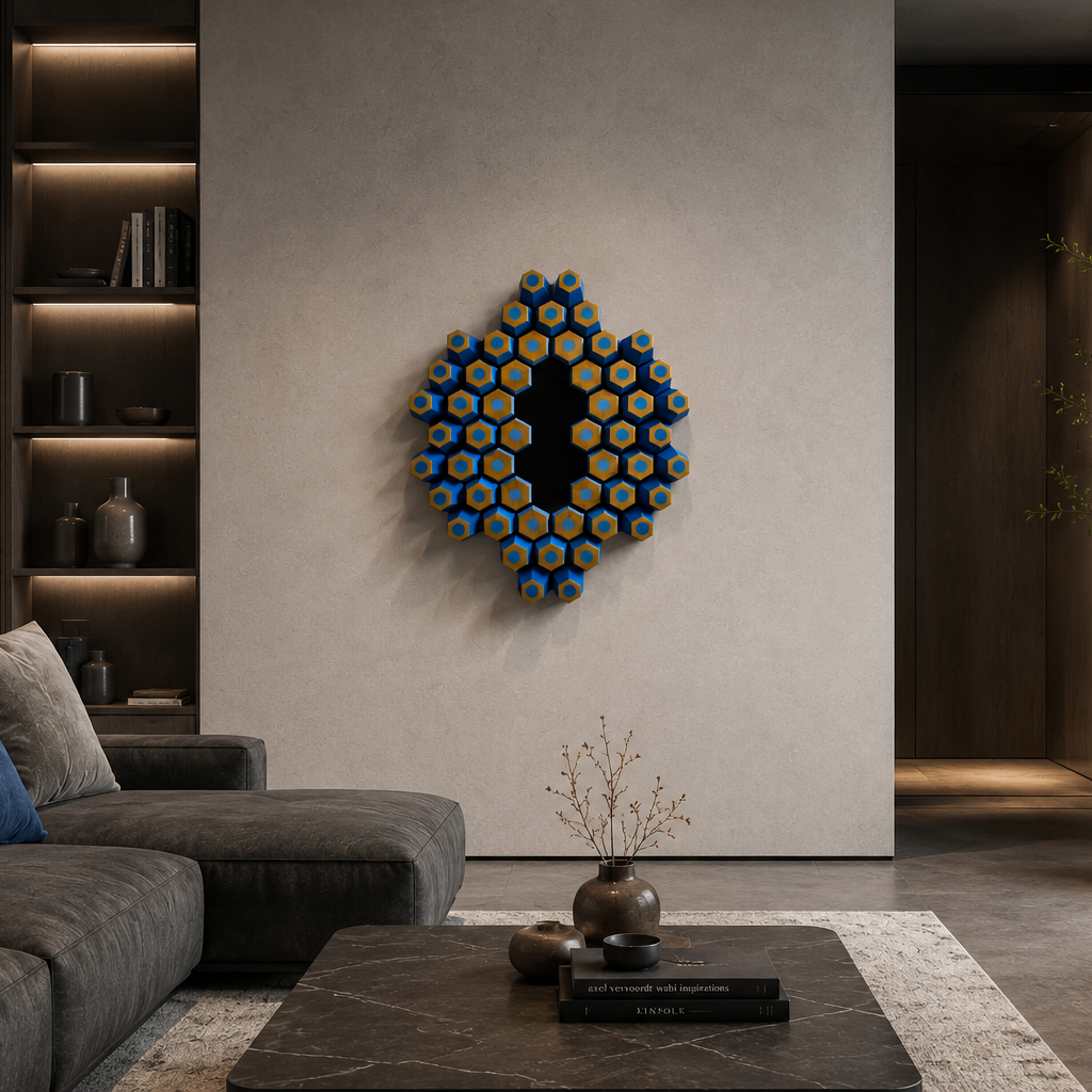 Detail of Orbita wall sculpture highlighting glossy resin surfaces, natural wood texture and geometric rhythm