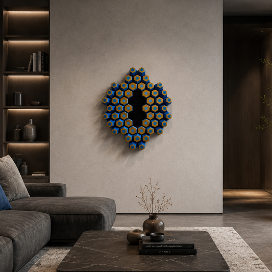 Detail of Orbita wall sculpture highlighting glossy resin surfaces, natural wood texture and geometric rhythm