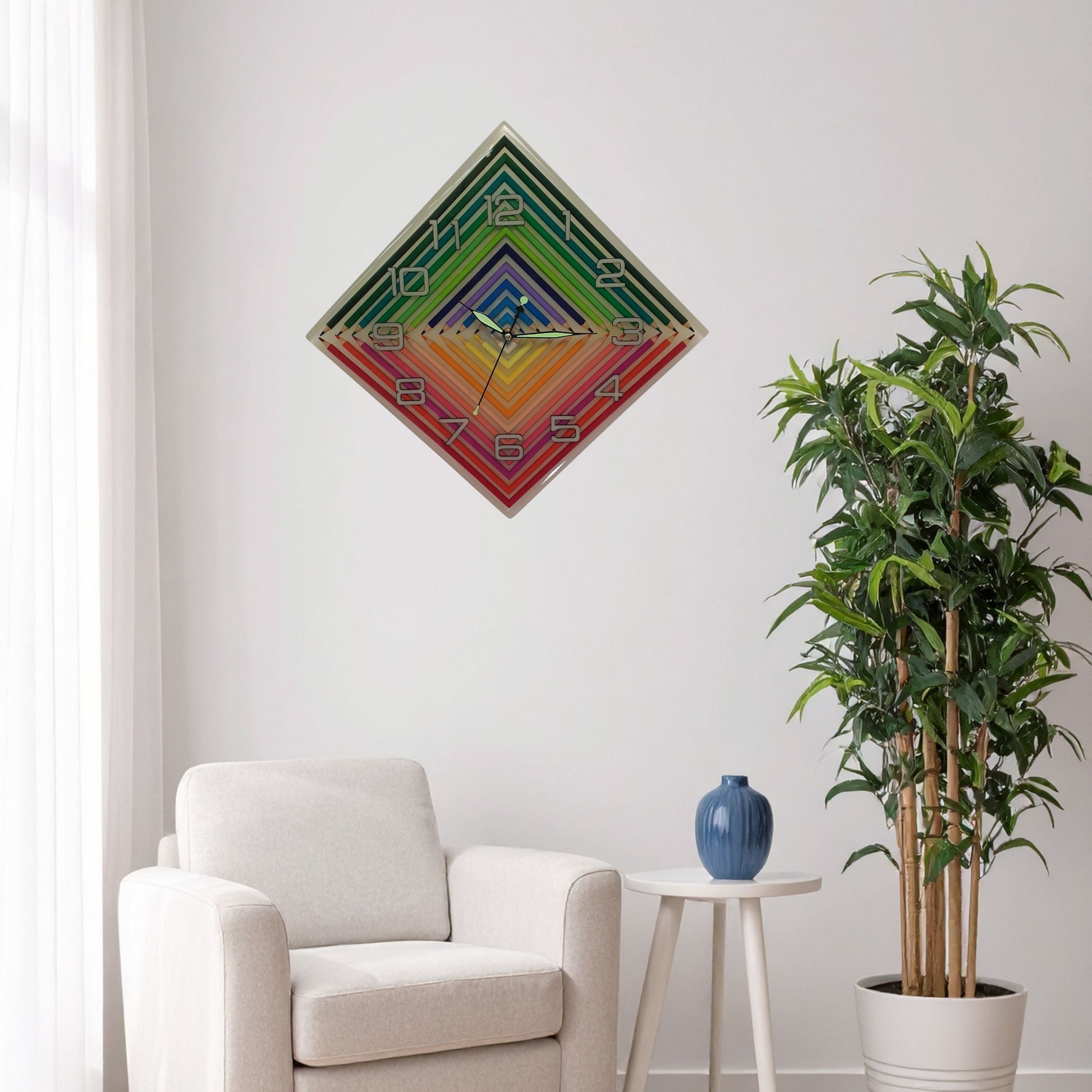 Rainbow resin wall clock displayed in modern minimalist interior