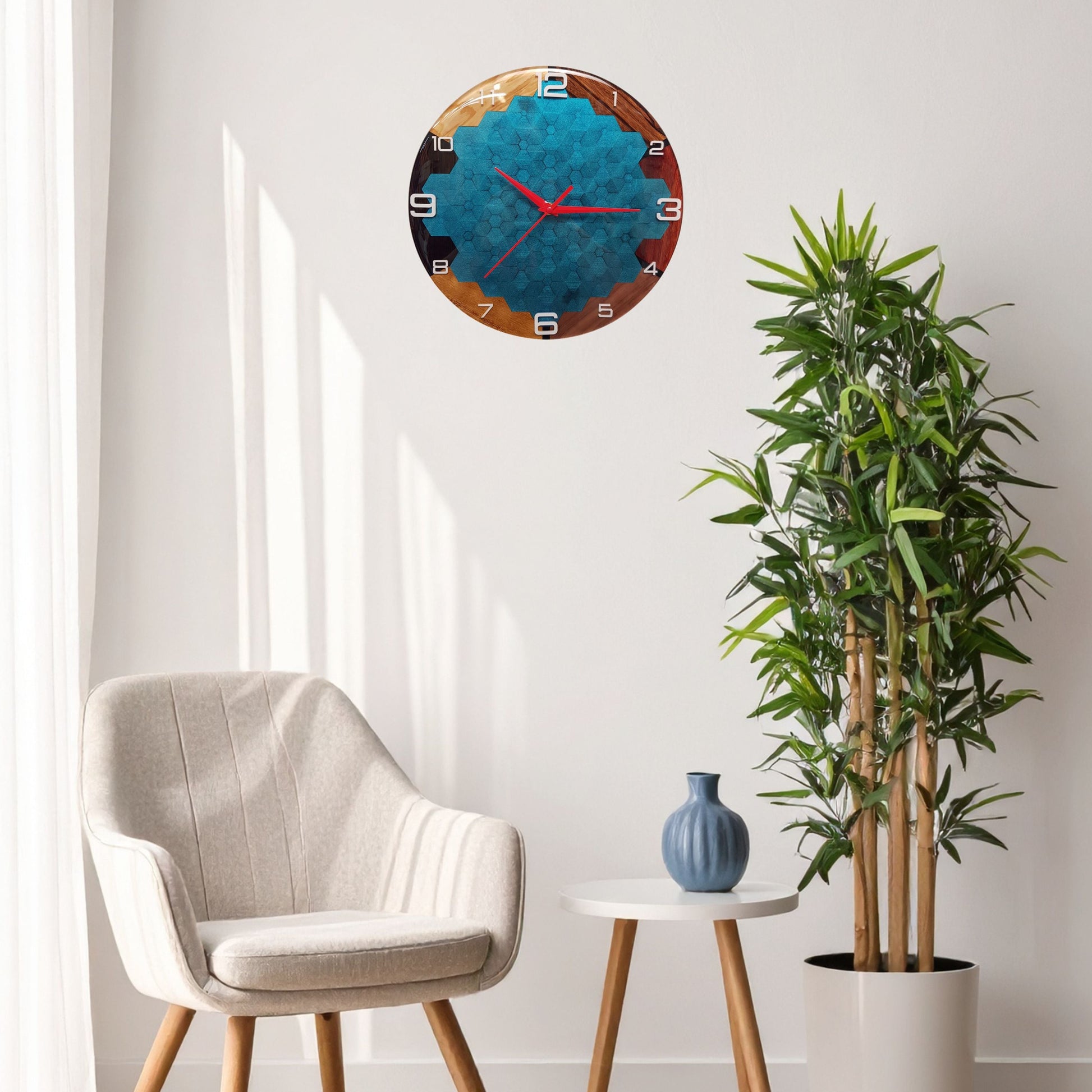 Opal Geometry clock displayed on a wall as a modern wood and resin art piece