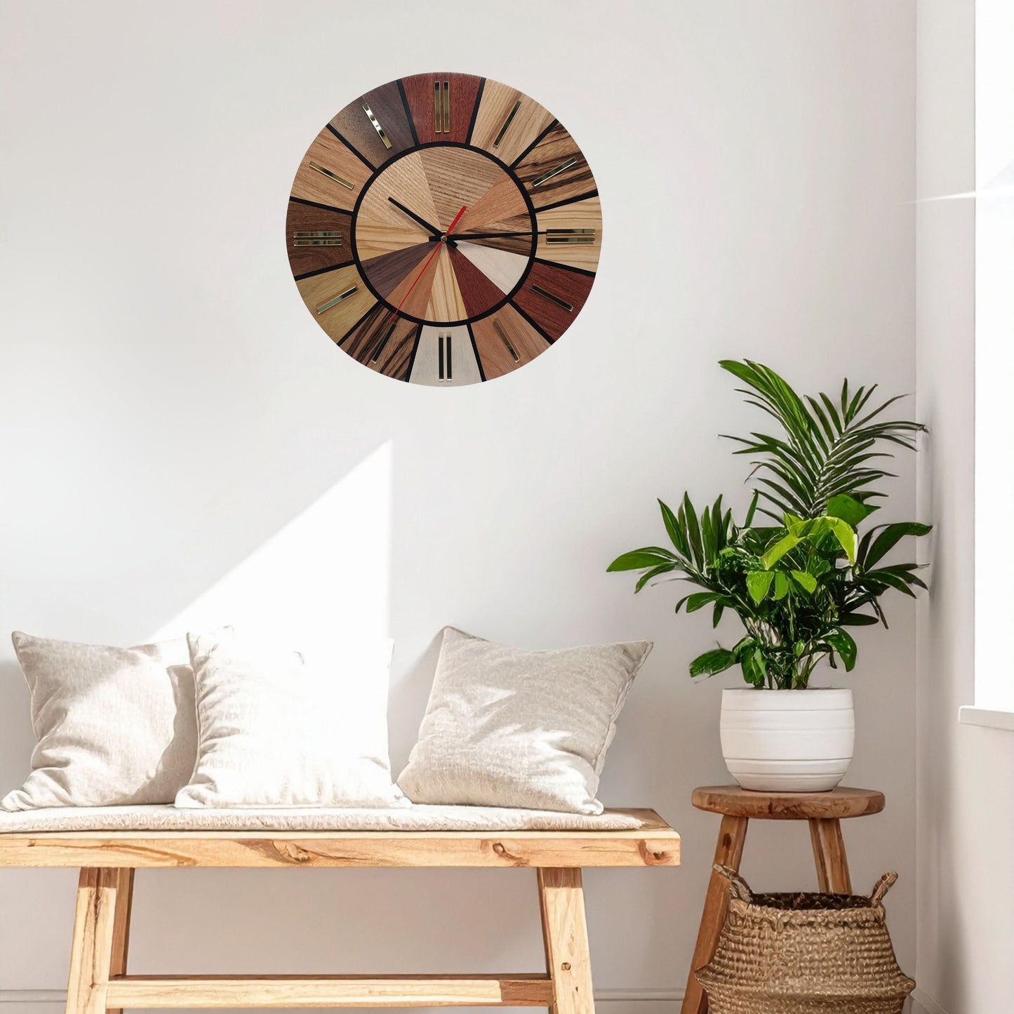 Ten Woods Circle wall clock hanging in a modern room, displaying its natural tones and gold accents