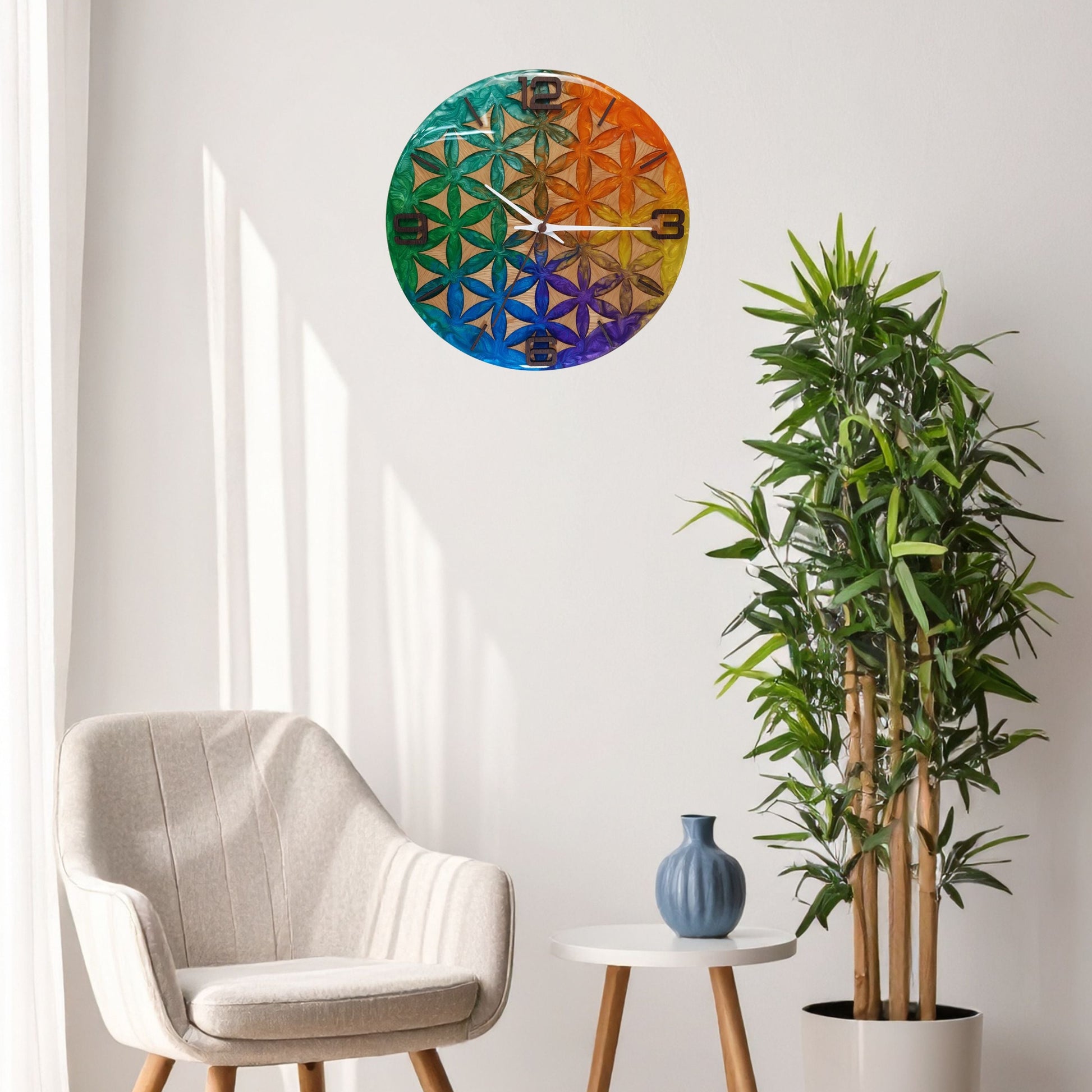 Wood Line – Life Essence wall clock displayed on a white wall – vibrant handmade artwork combining wood and resin.
