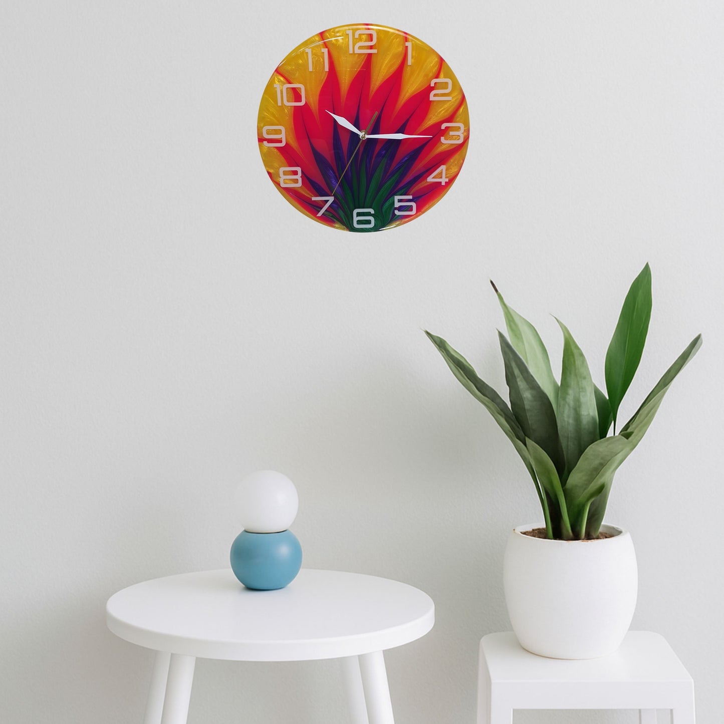 The clock hanging on a white wall, adding a bold tropical accent to the space