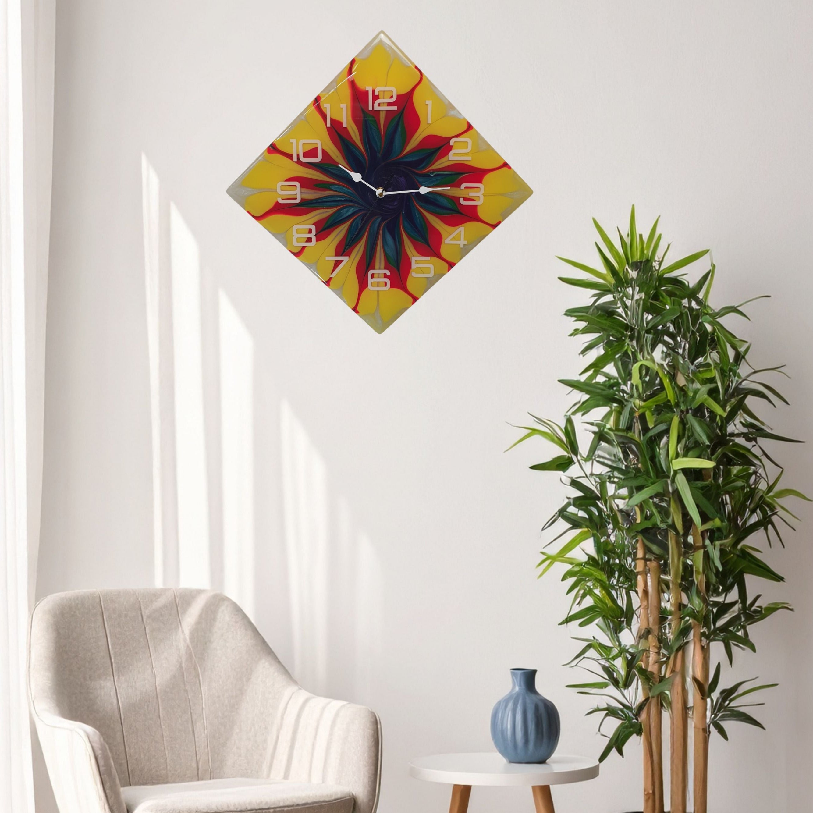 Spiral Bloom wall clock hanging in diamond orientation – modern artistic display