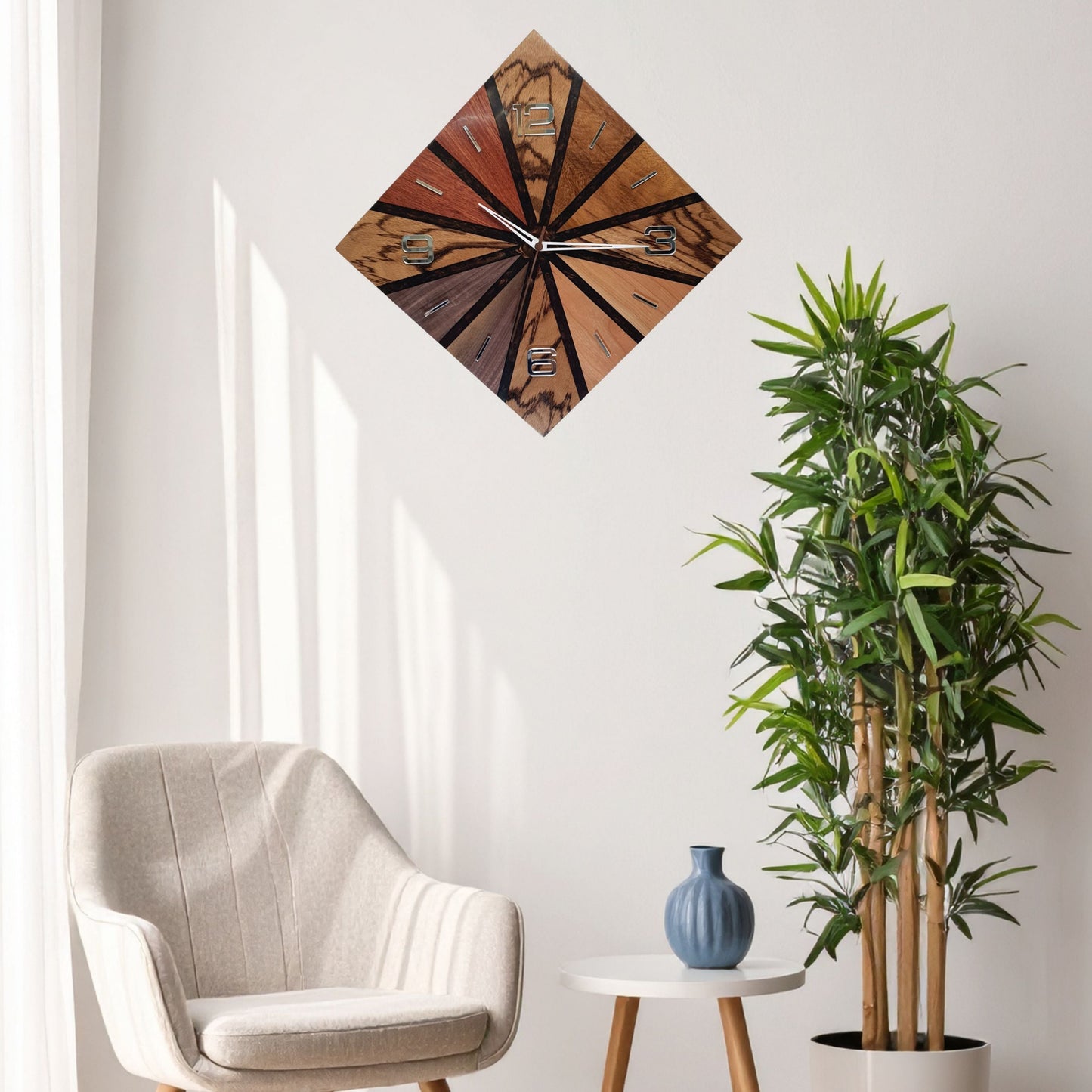 The clock hanging on a white wall, showcasing its geometric form and natural color palette