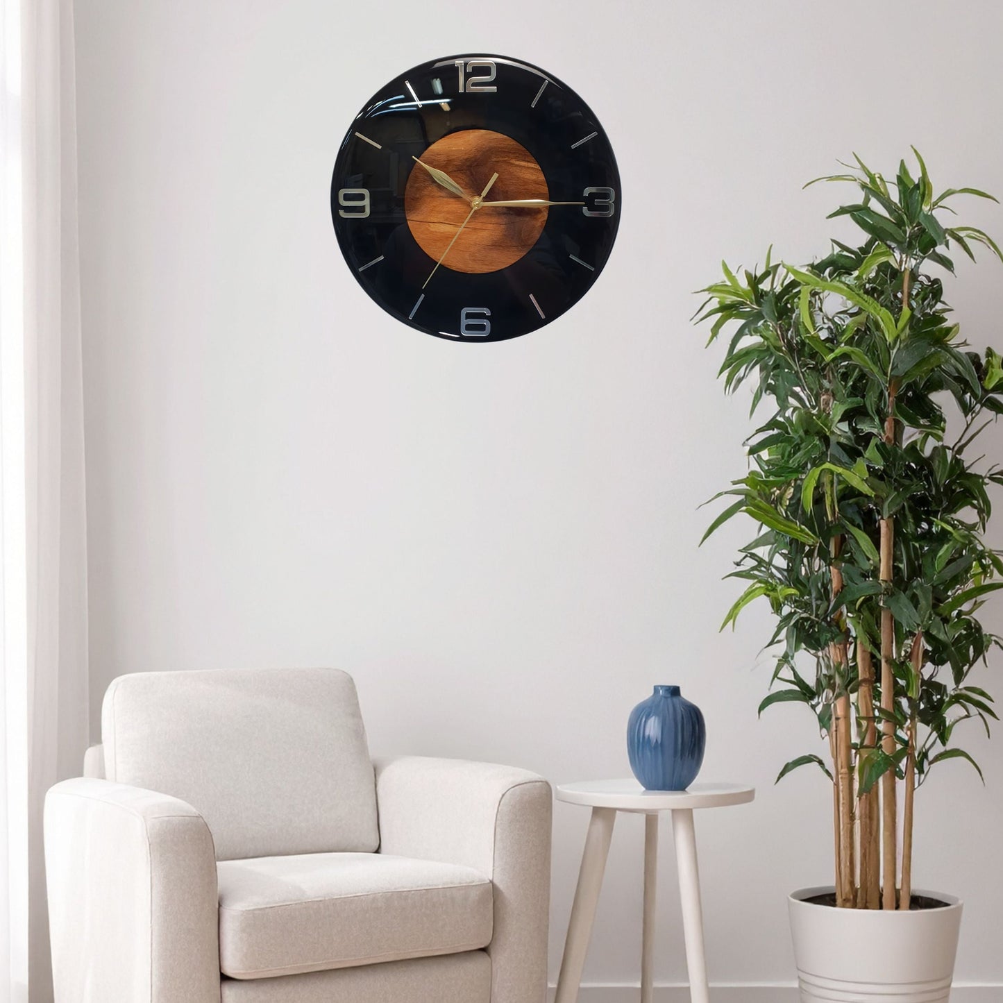 The “Dark Core” clock hanging on a white wall, blending modern design with natural warmth