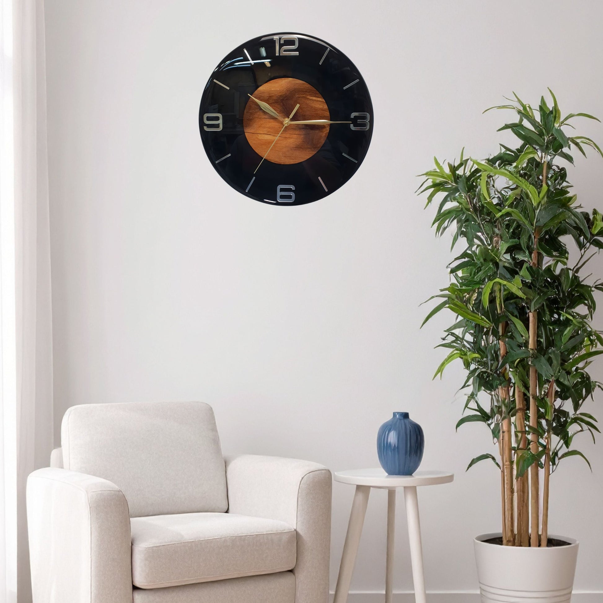 The “Dark Core” clock hanging on a white wall, blending modern design with natural warmth