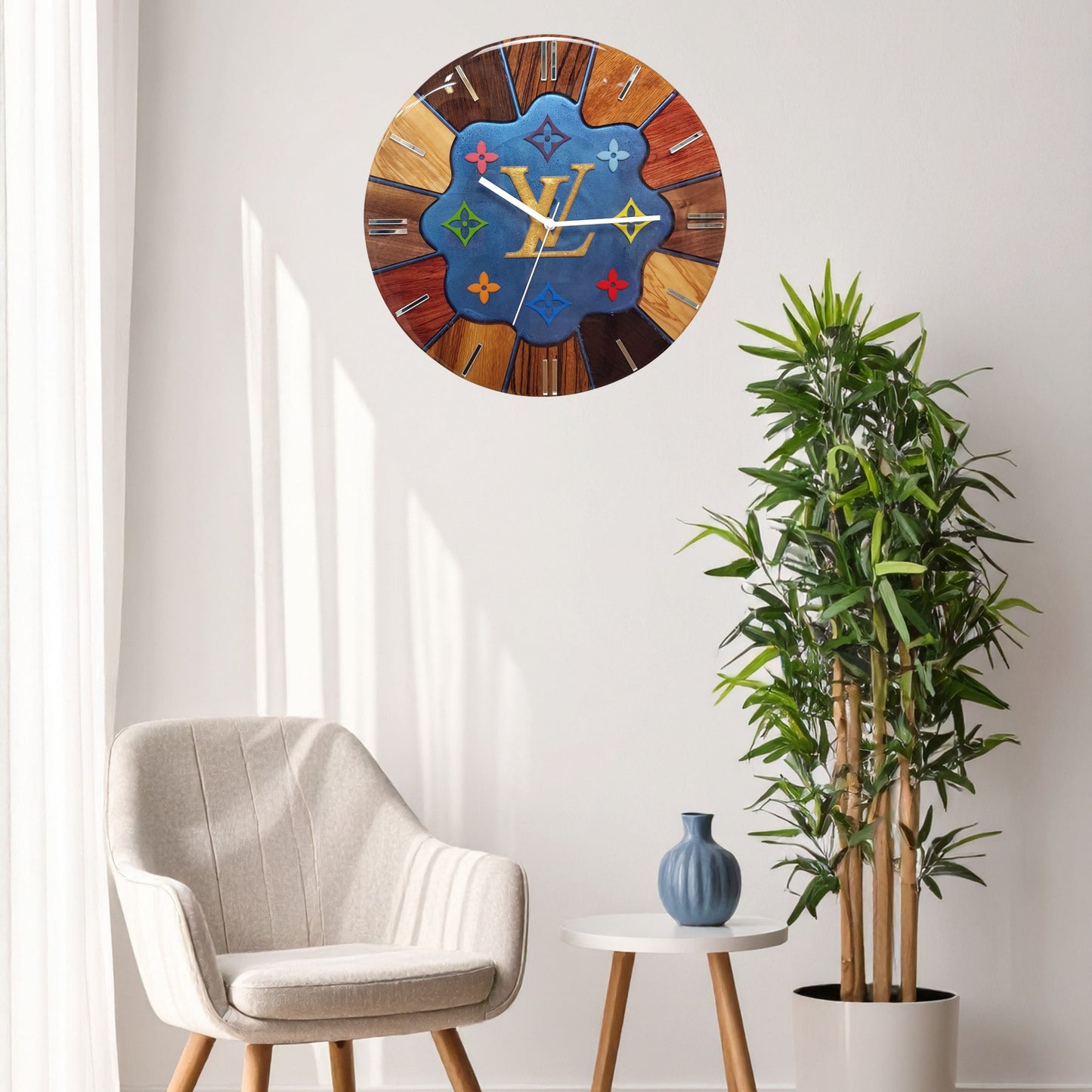 The “Noble Spectrum” clock hanging on a wall as a bold, luxurious design piece.