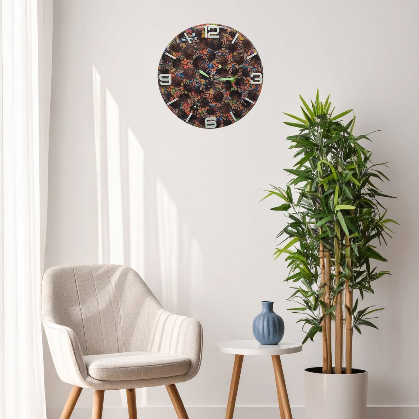 The “Pine & Color Fusion” clock glowing in the dark with fluorescent resin illuminating the numbers and texture.