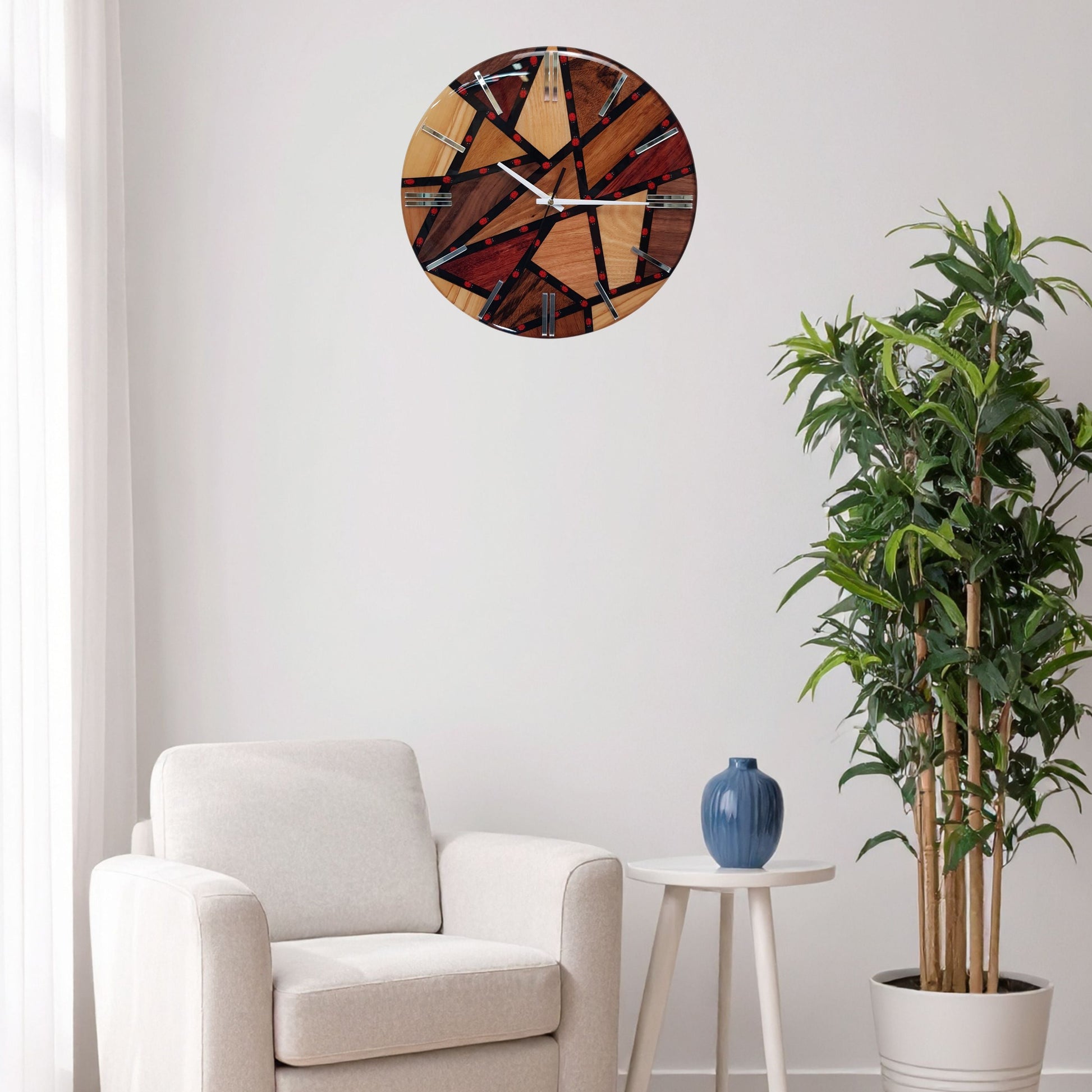 Wide wall view of the “Ladybug Mosaic” clock as a colorful and unique decor piece
