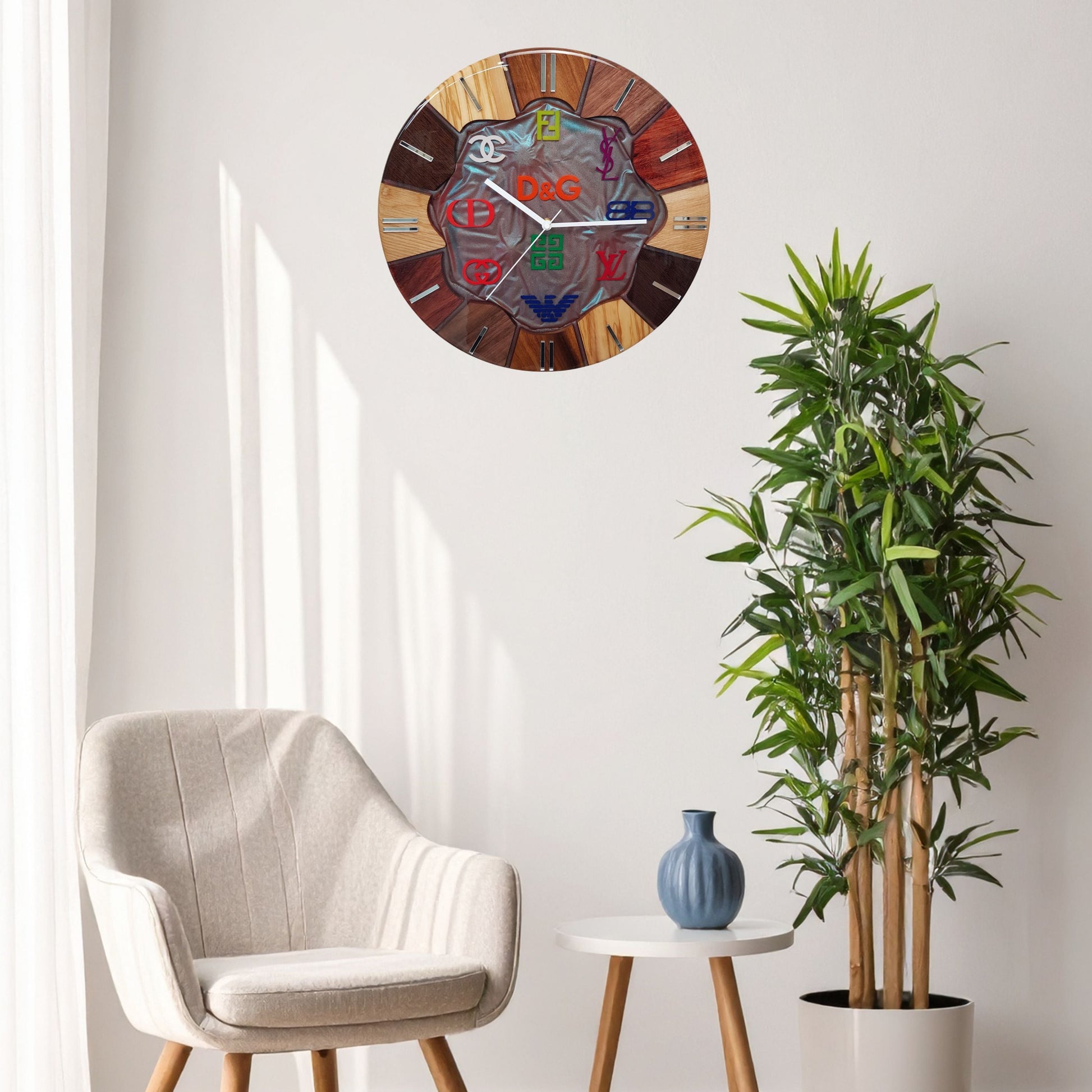 Detailed view of mirrored hour markers and multicolored resin texture