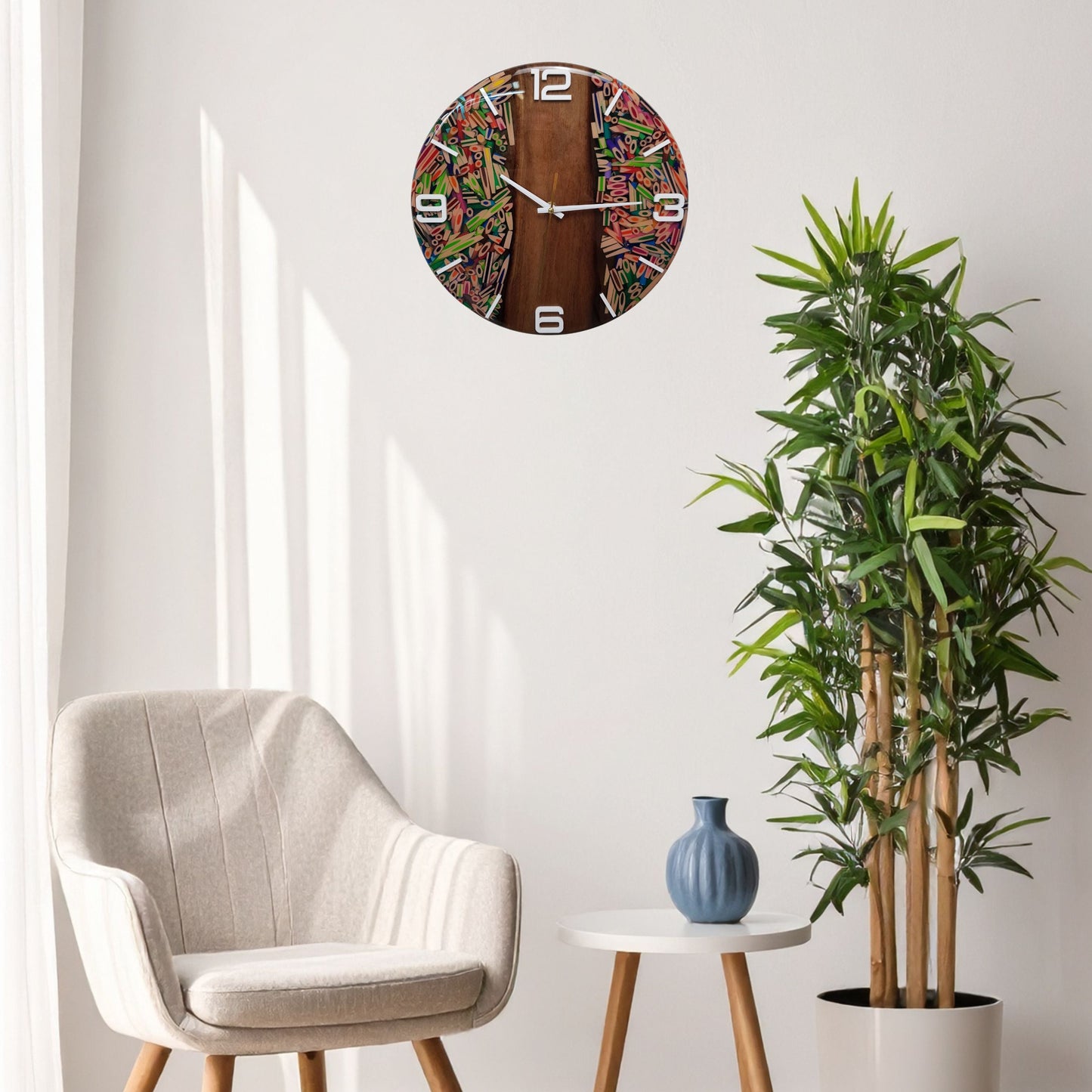 Wide wall view showing the “Wood Harmony” clock as a warm and colorful design piece