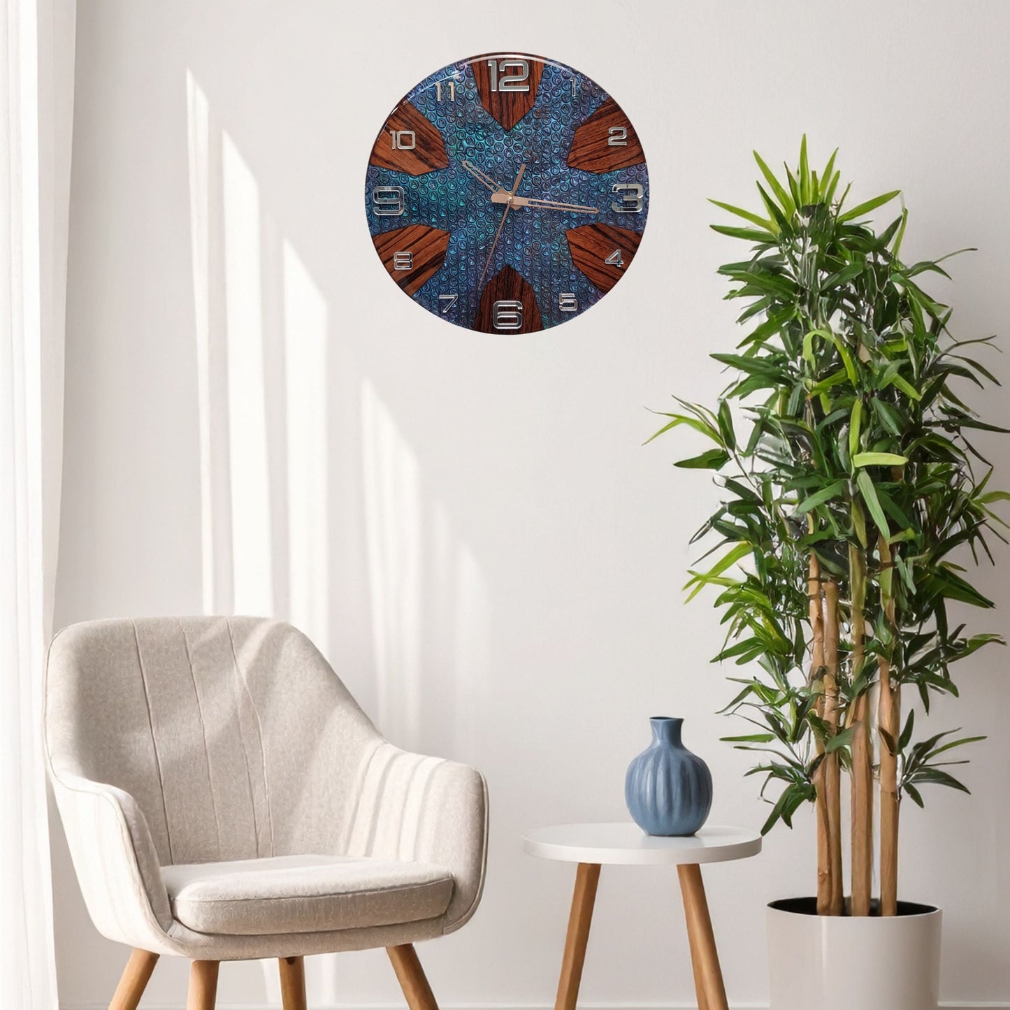 Perspective image showing depth, glossy resin, and the contrast between zebrawood and chromatic texture.